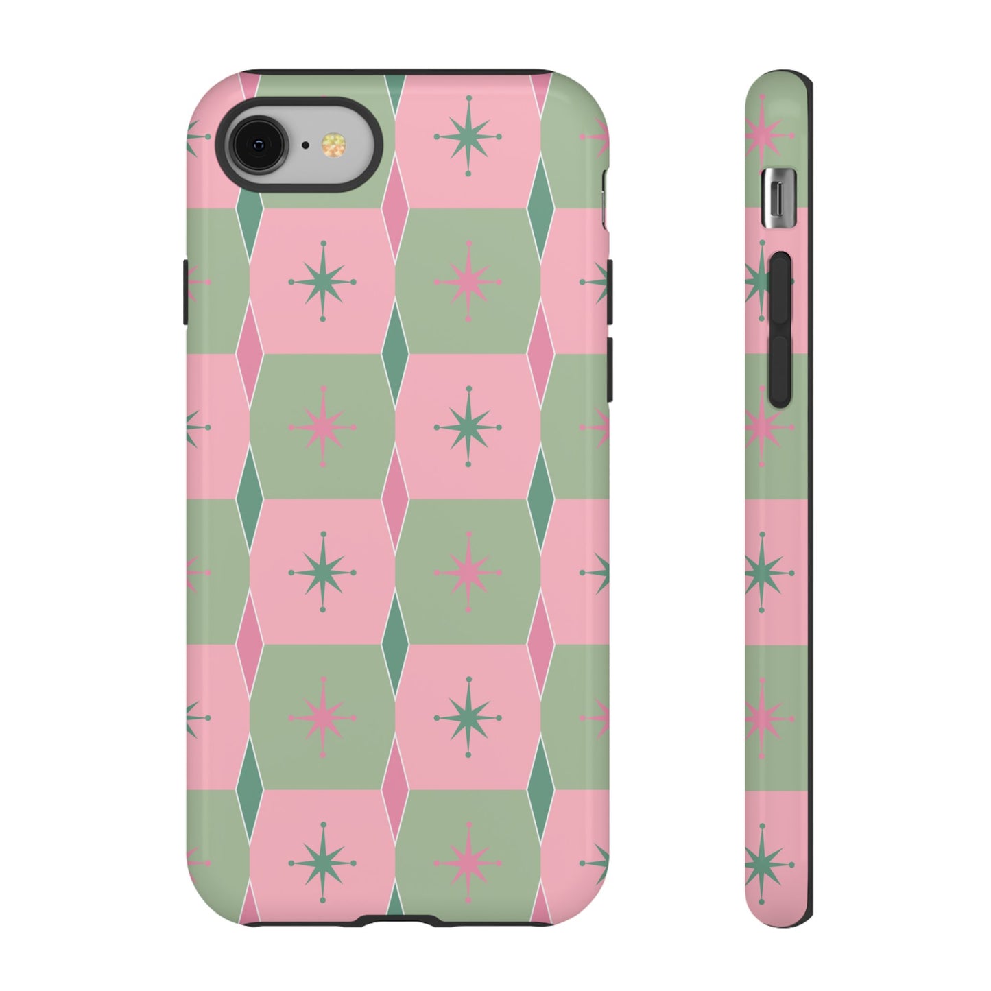 1950s Retro Square and Diamond Pattern in Pink and Green Tough Cases