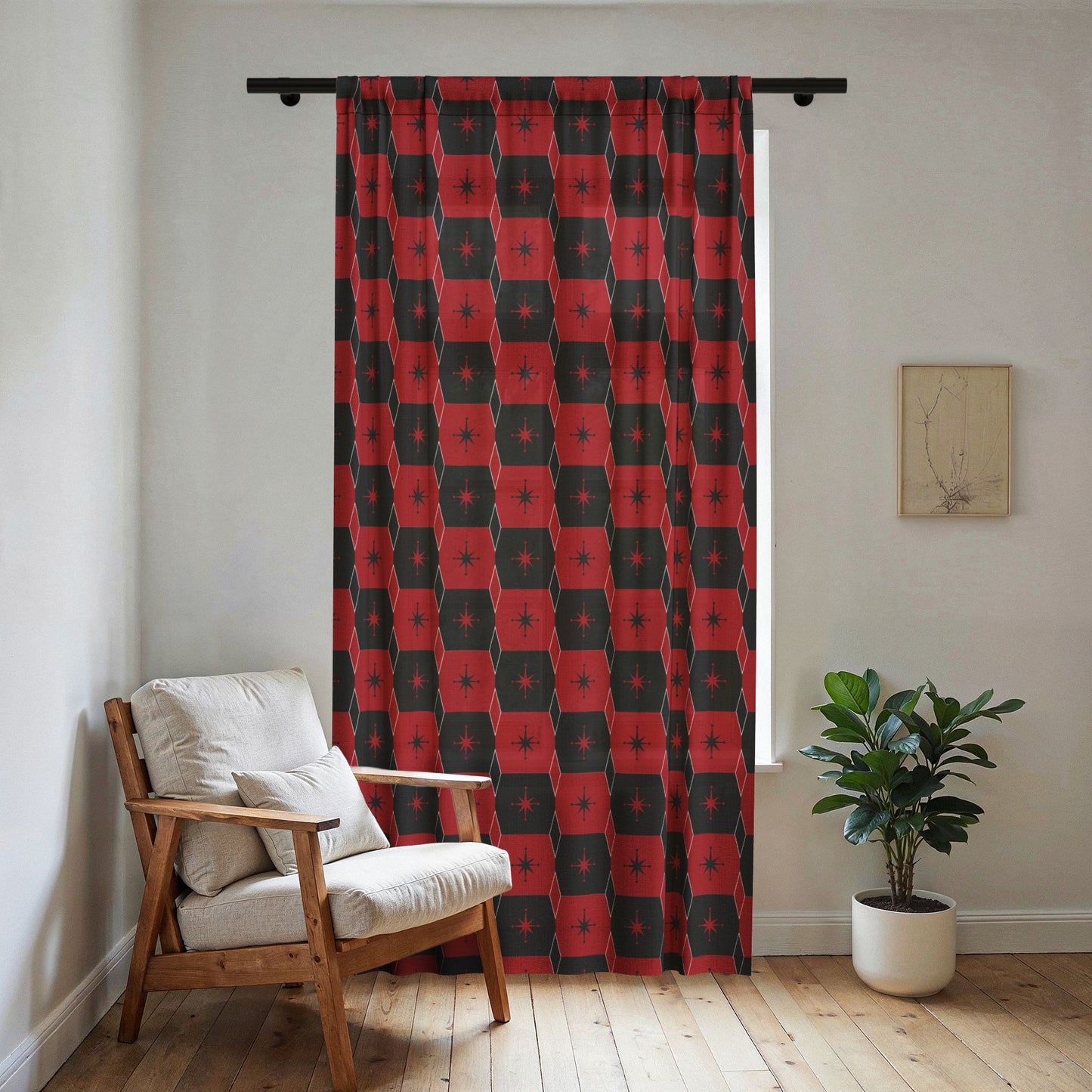 Sheer Curtain — Red & Black Geometric Checker Sheer Window Panel