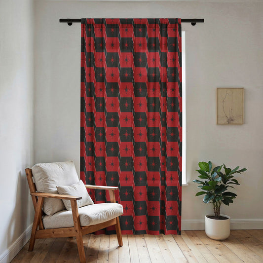 Sheer Curtain — Red & Black Geometric Checker Sheer Window Panel