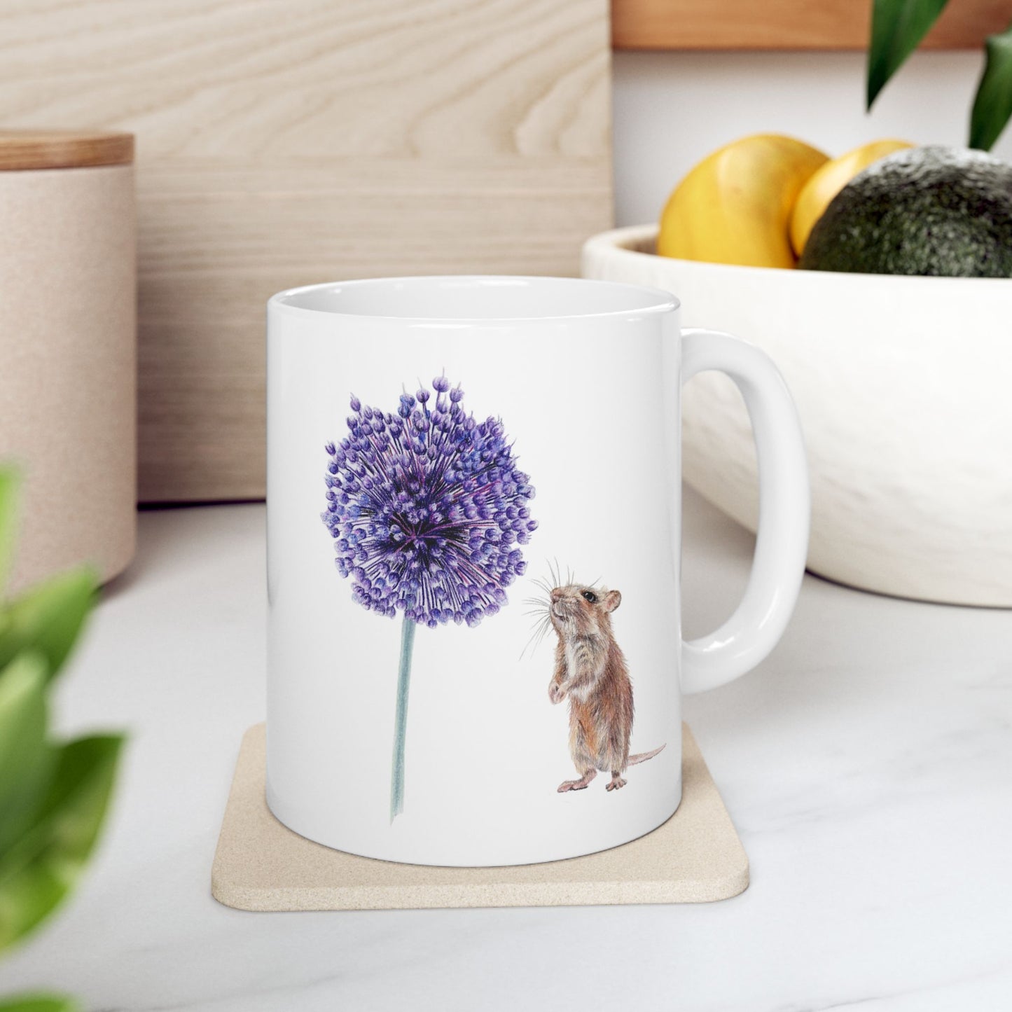 Yorktown Onion (Allium) and Mouse Ceramic Mug — Cute Floral Coffee Cup (11oz, 15oz)