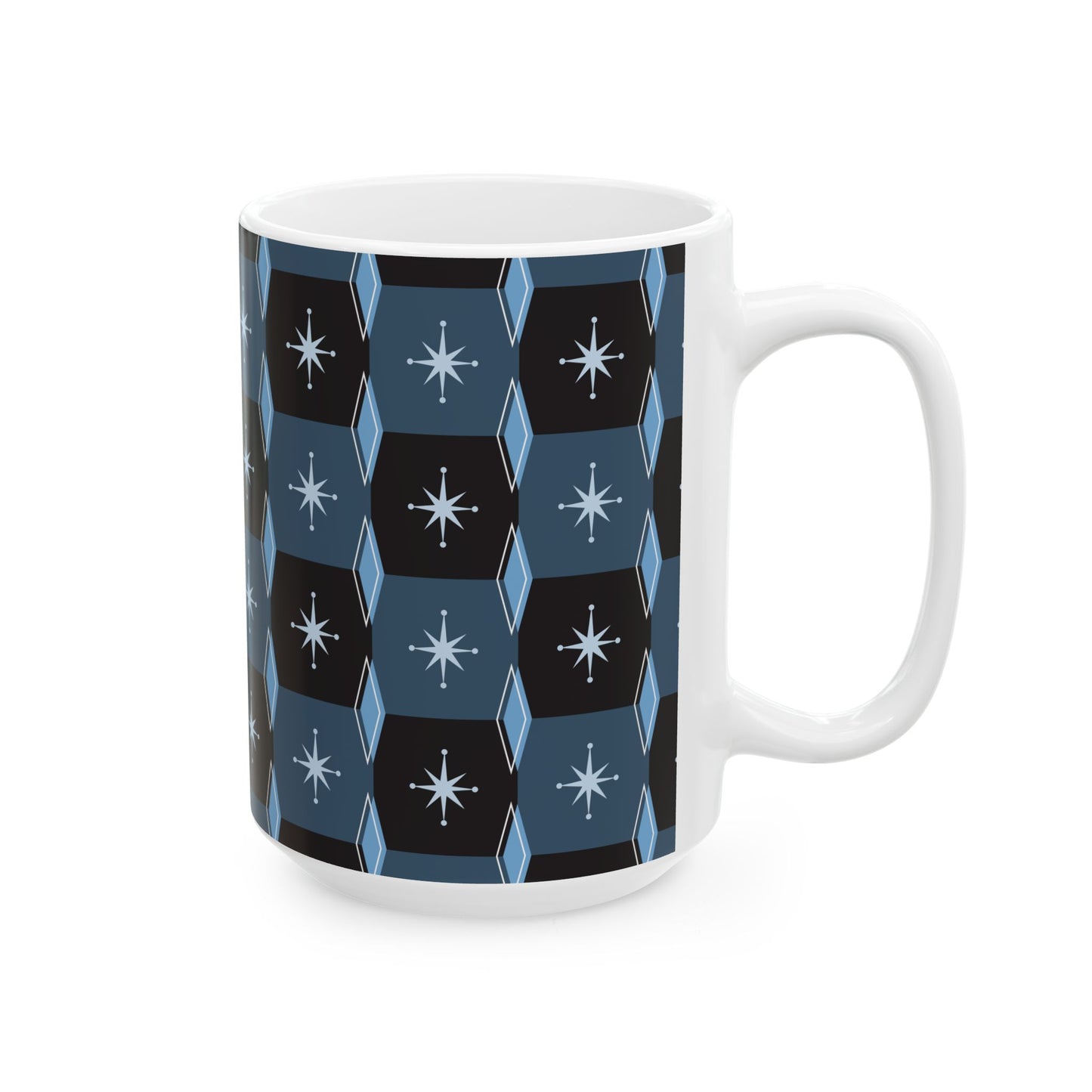 Retro Starburst Pattern Ceramic Mug — Mid-Century Modern Blue Coffee Cup (11oz, 15oz)