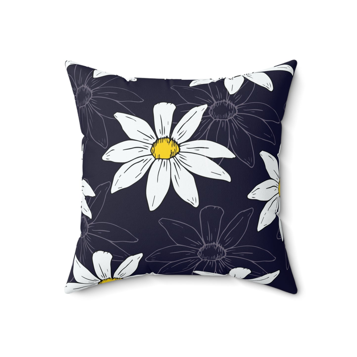 Daisy Pattern on Dark Blue Square Pillow