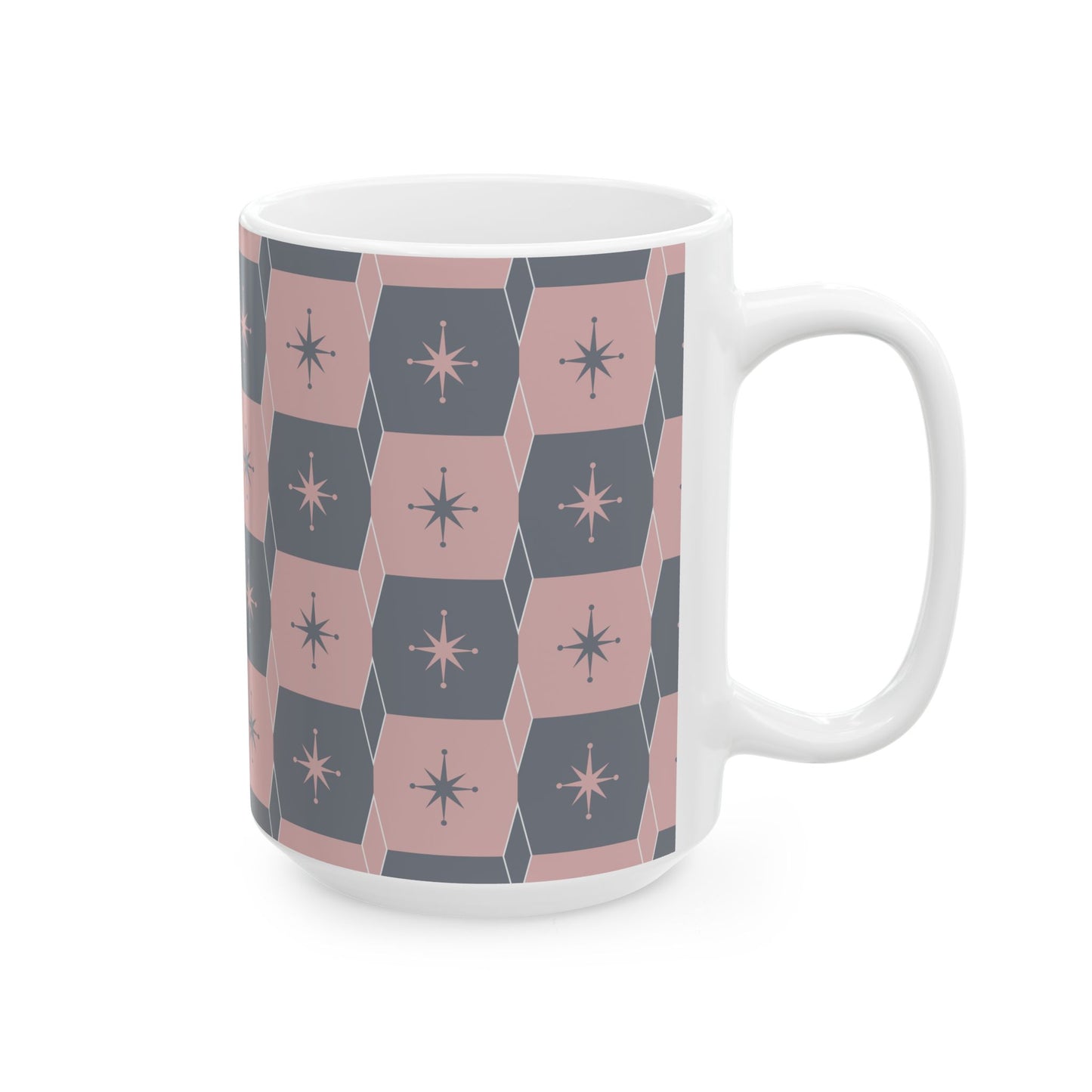Mid-Century Starburst Ceramic Mug — Pink & Slate Geometric Pattern (11oz, 15oz)
