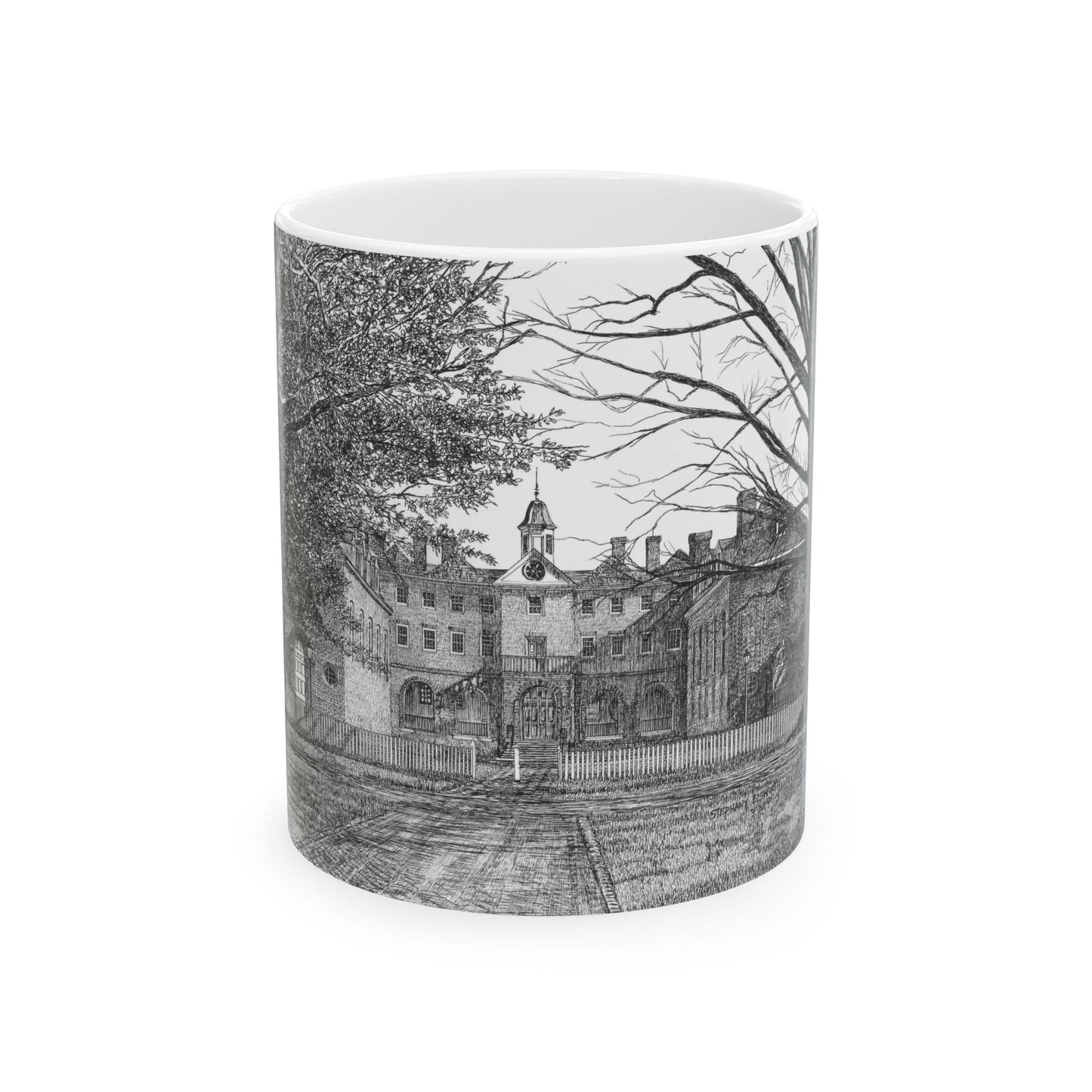 Wren Building, CWM Ceramic Mug — Black & White Architectural Illustration (11oz, 15oz)
