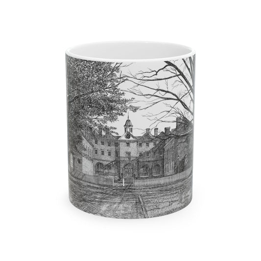Wren Building, CWM Ceramic Mug — Black & White Architectural Illustration (11oz, 15oz)