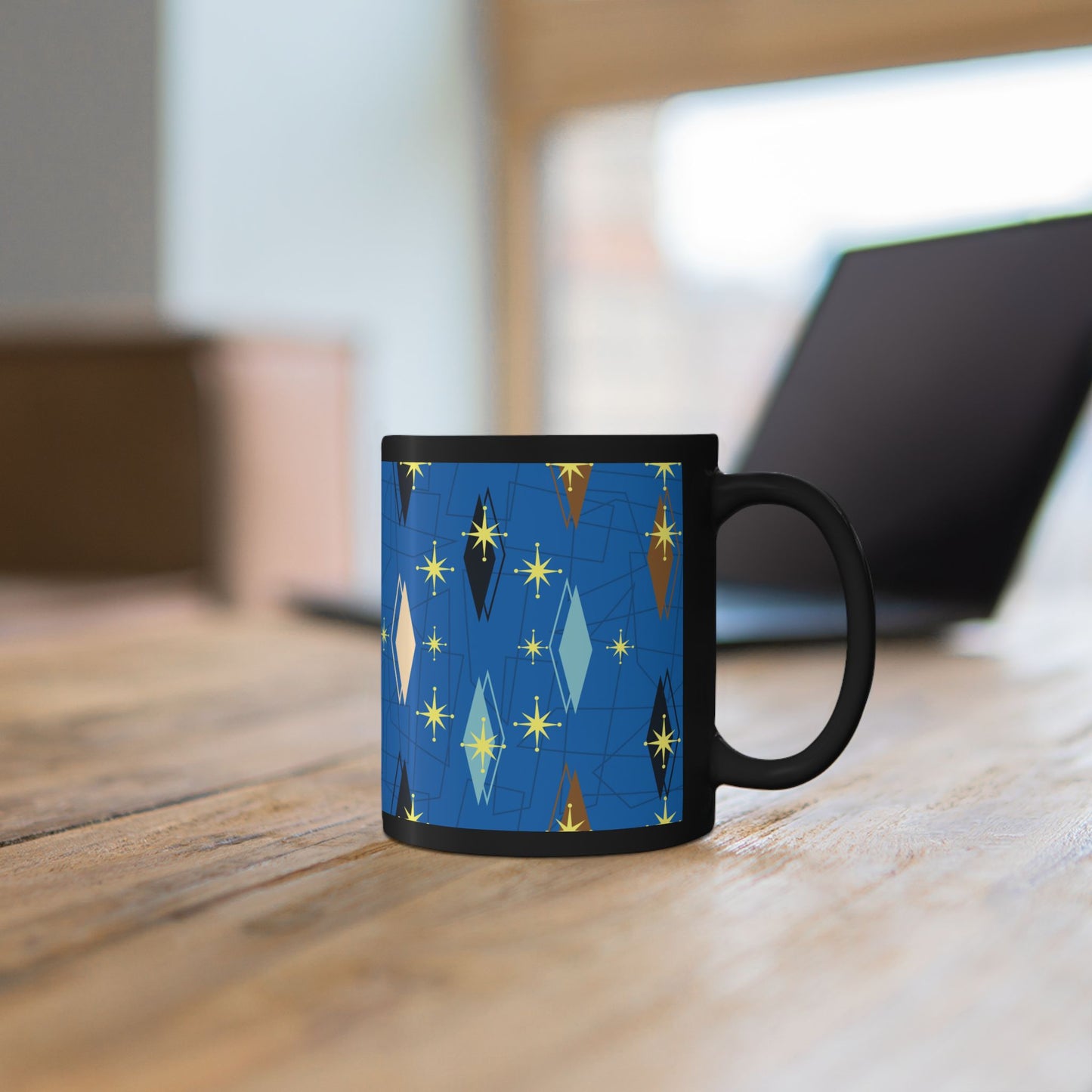 Retro Mid-Century Starburst Pattern Black Coffee Mug — Blue Geometric 11oz/15oz
