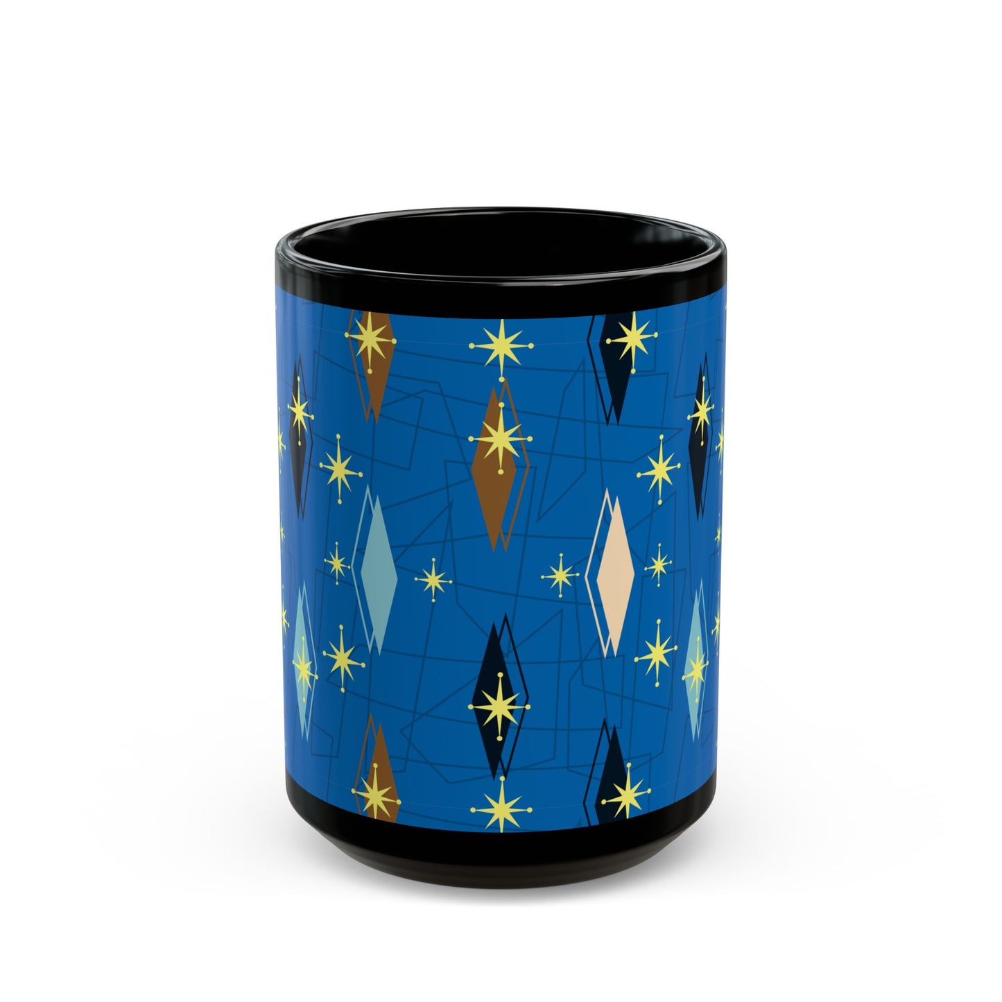 Retro Mid-Century Starburst Pattern Black Coffee Mug — Blue Geometric 11oz/15oz
