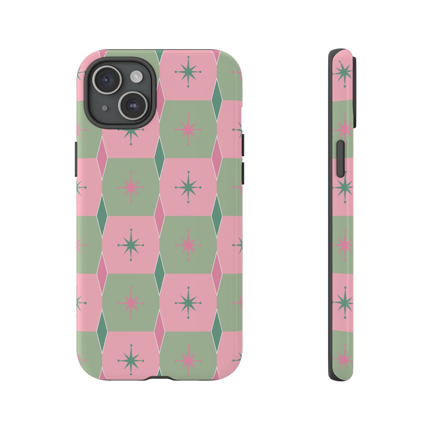 1950s Retro Square and Diamond Pattern in Pink and Green Tough Cases