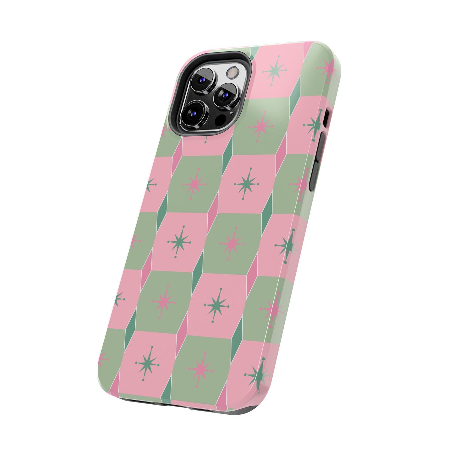 1950s Retro Square and Diamond Pattern in Pink and Green Tough iPhone Cases