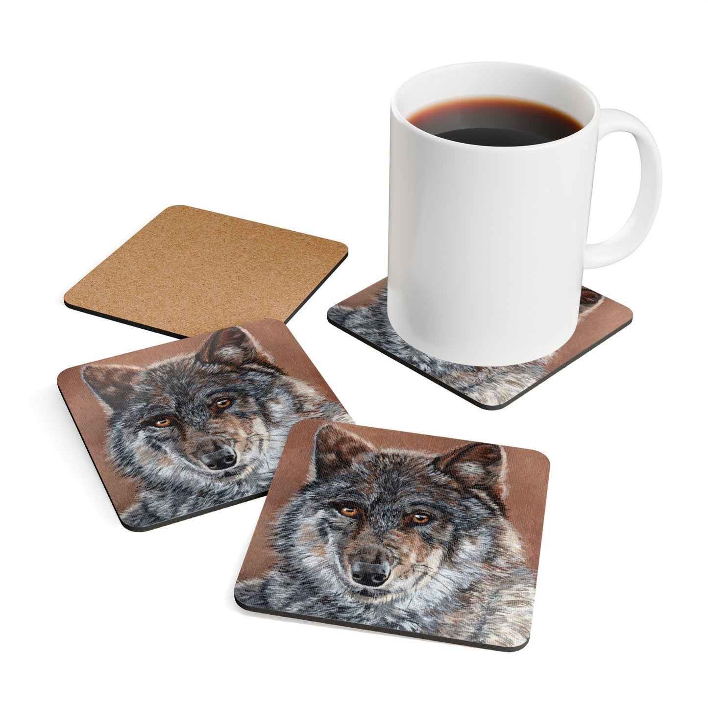 Wolf Portrait Cork Coaster Set — Rustic Wildlife Drink Coasters (4-Pack)