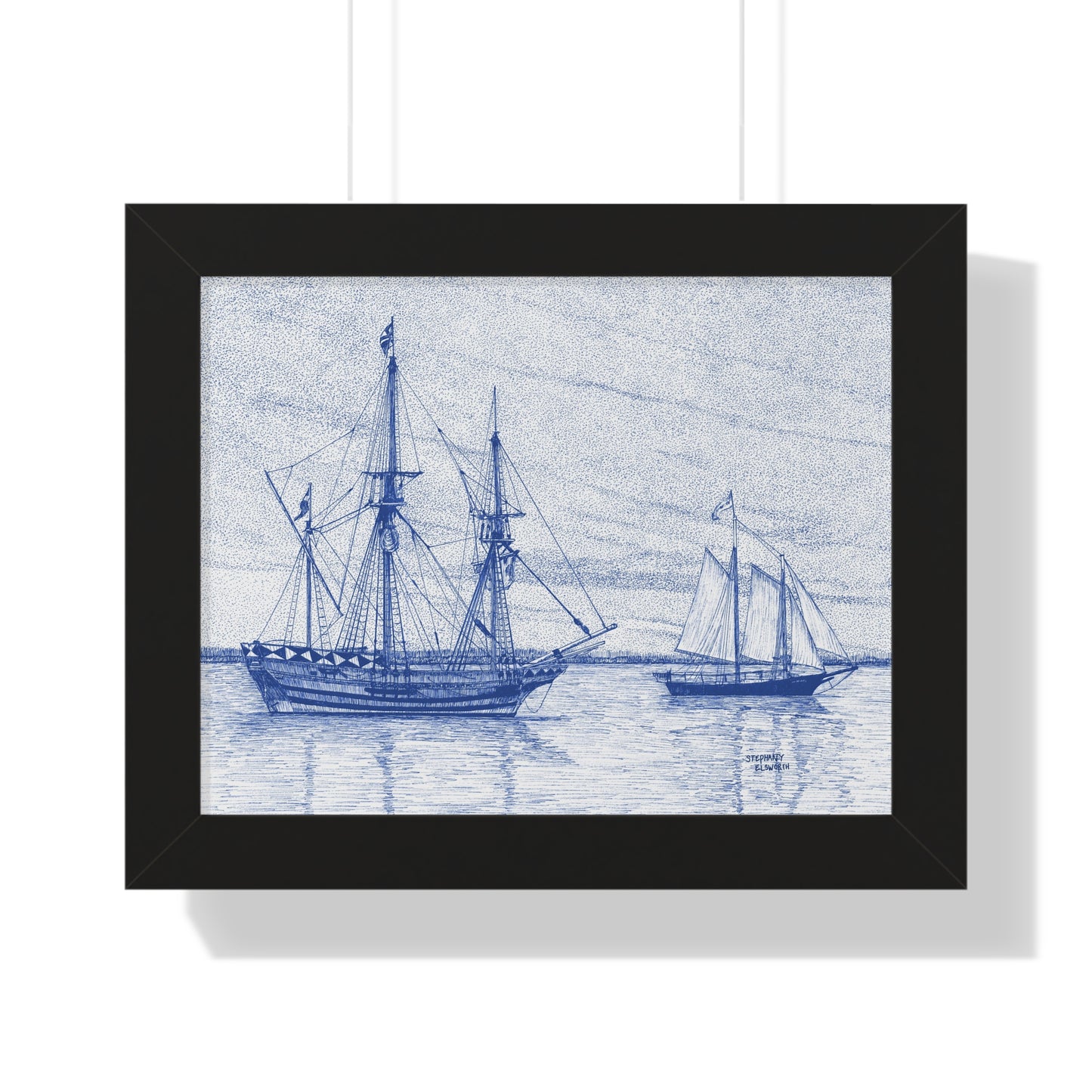 Framed Poster — Vintage Blue Nautical Ship Sketch