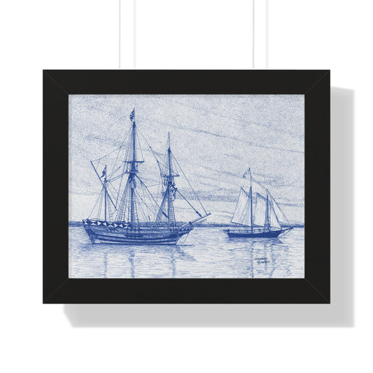 Framed Poster — Vintage Blue Nautical Ship Sketch