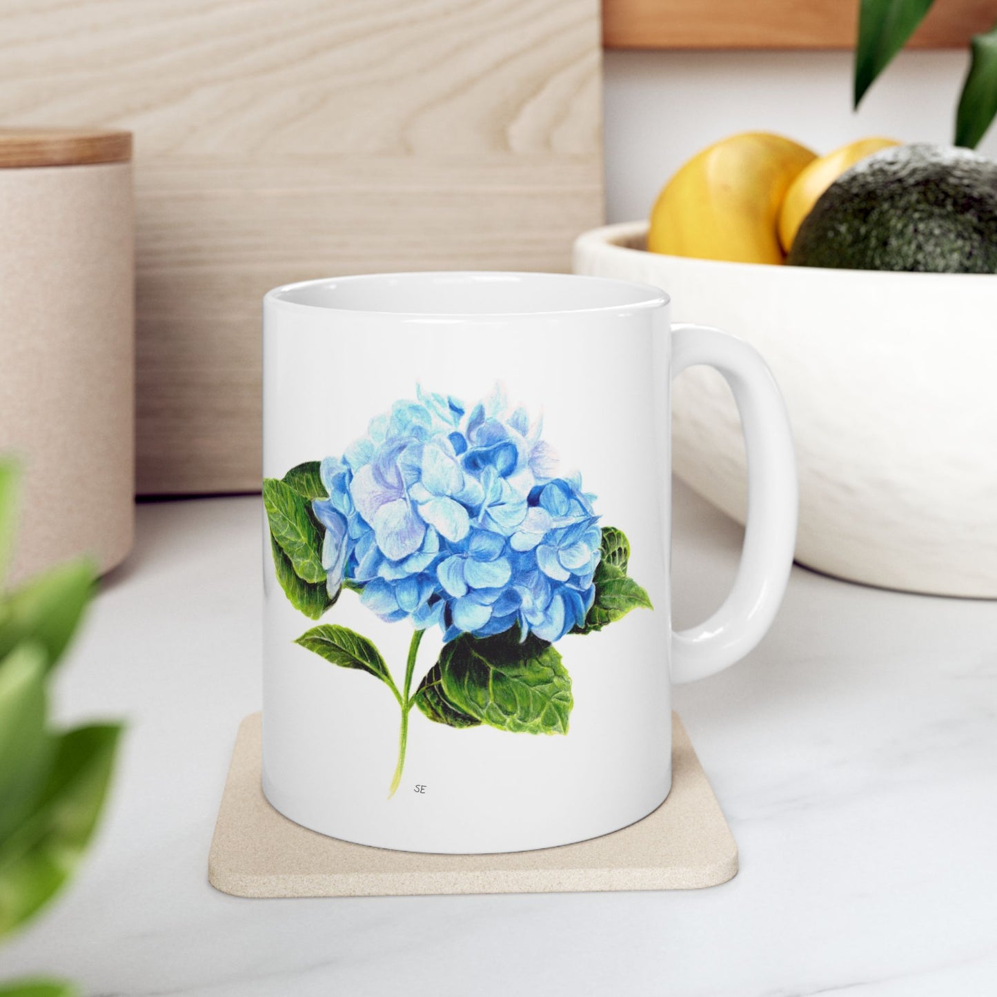 Hydrangea Ceramic Mug — Blue Floral Coffee Cup (11oz & 15oz)