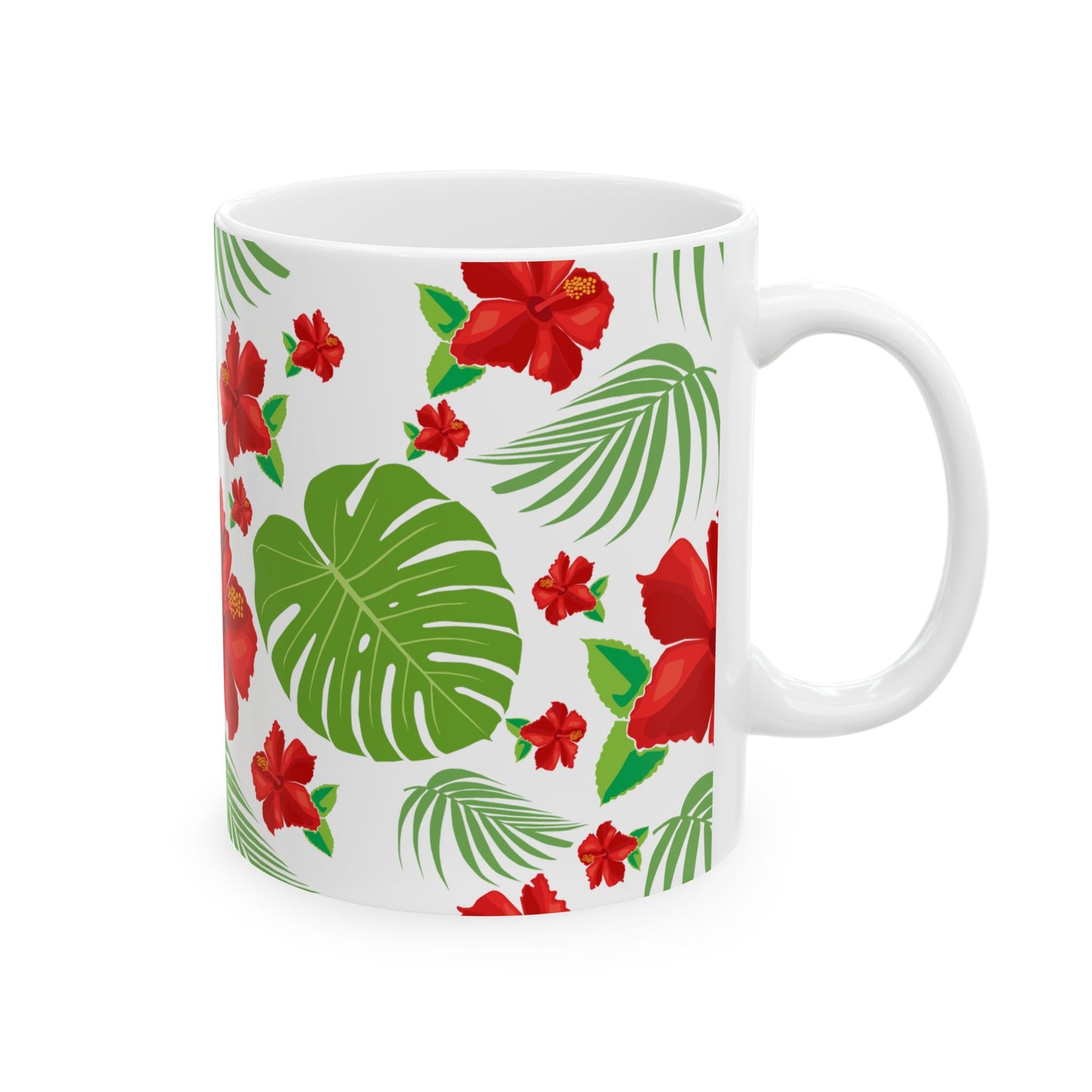 Tropical Hibiscus Mug — Floral Palm Leaf Coffee Cup (11oz/15oz)