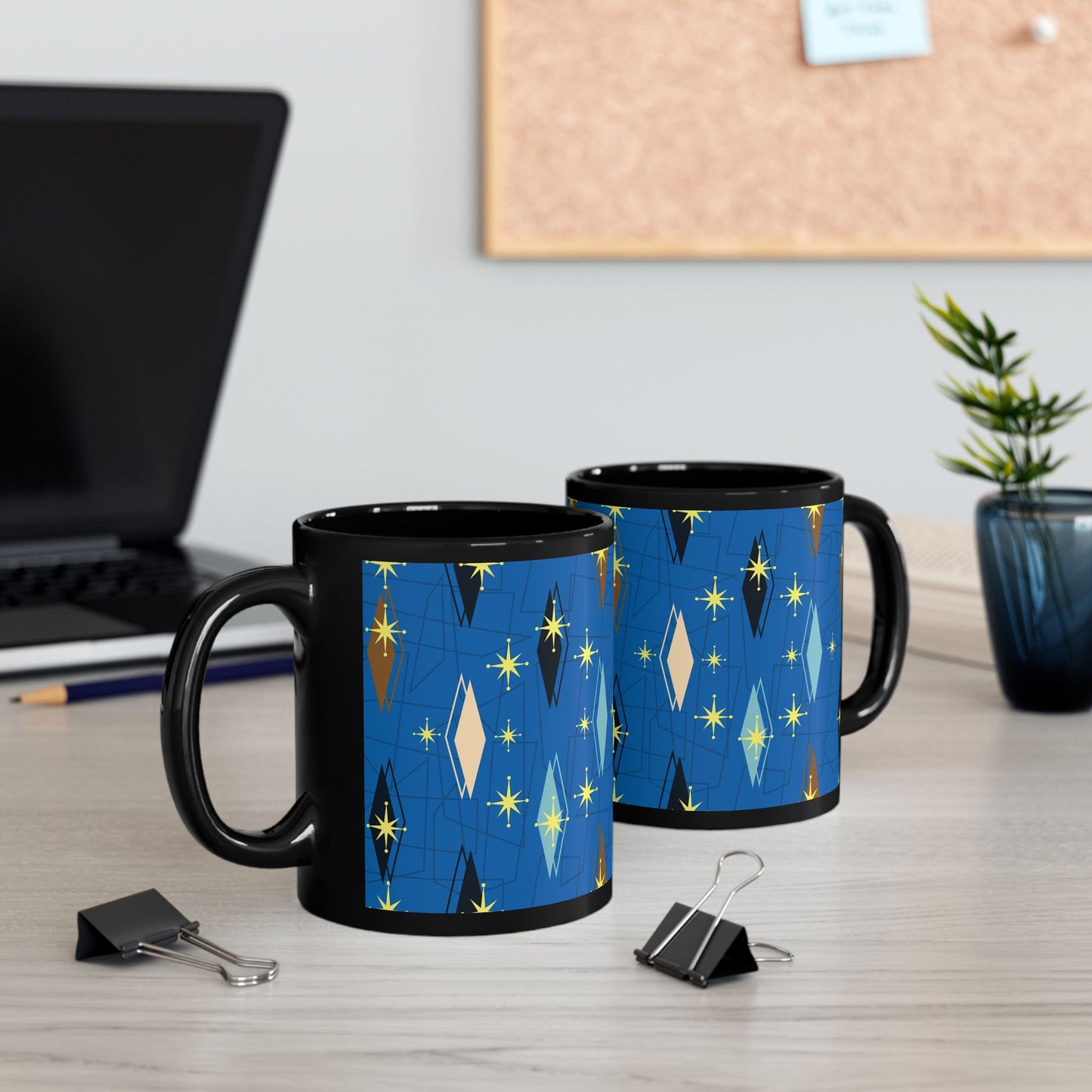 Retro Mid-Century Starburst Pattern Black Coffee Mug — Blue Geometric 11oz/15oz