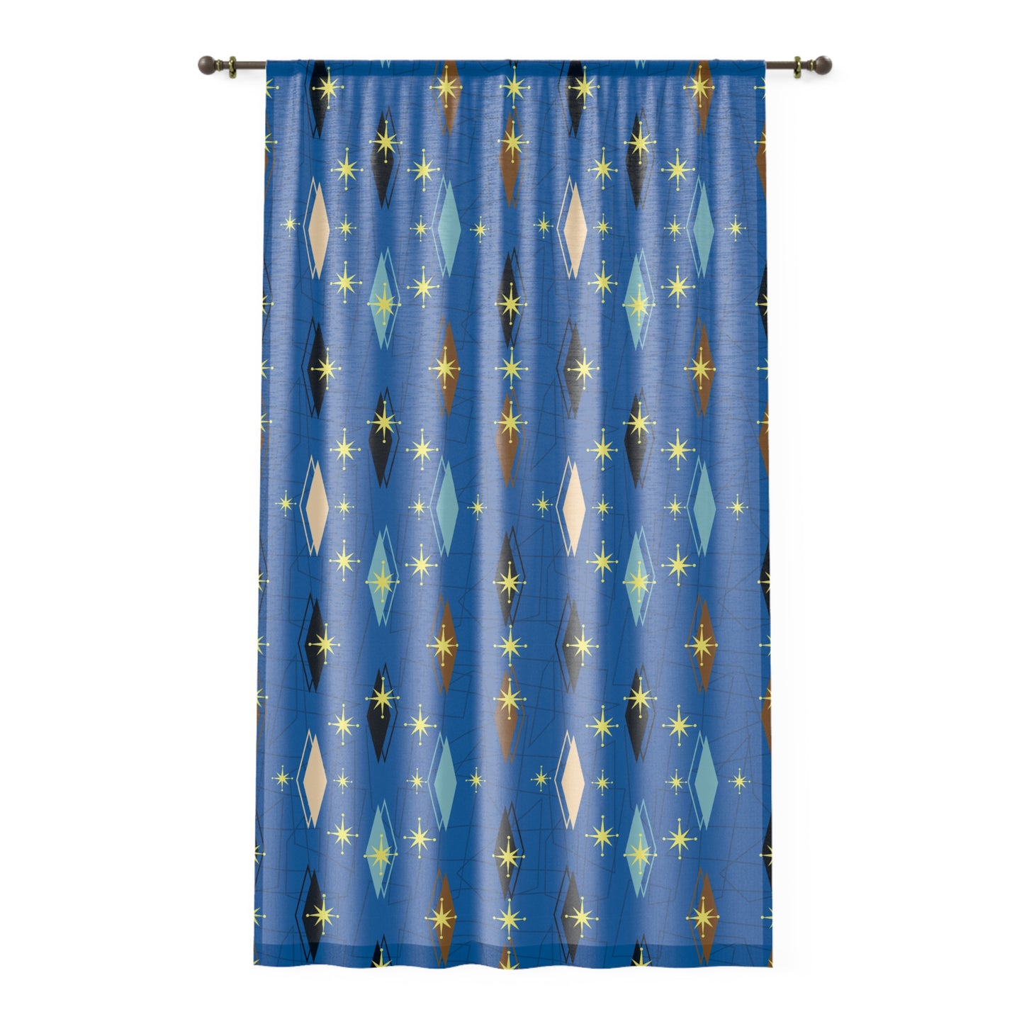 Mid-Century Starburst Window Curtain — Retro Blue Diamond Pattern
