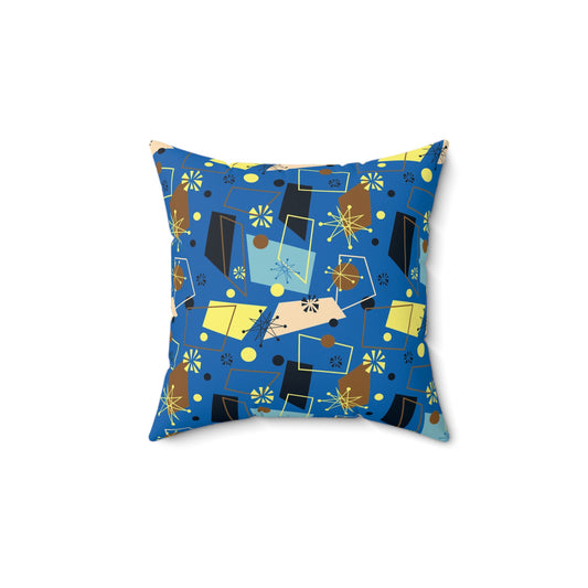 Mid-Century Modern Blue Abstract Throw Pillow — Retro Geometric Decorative Cushion