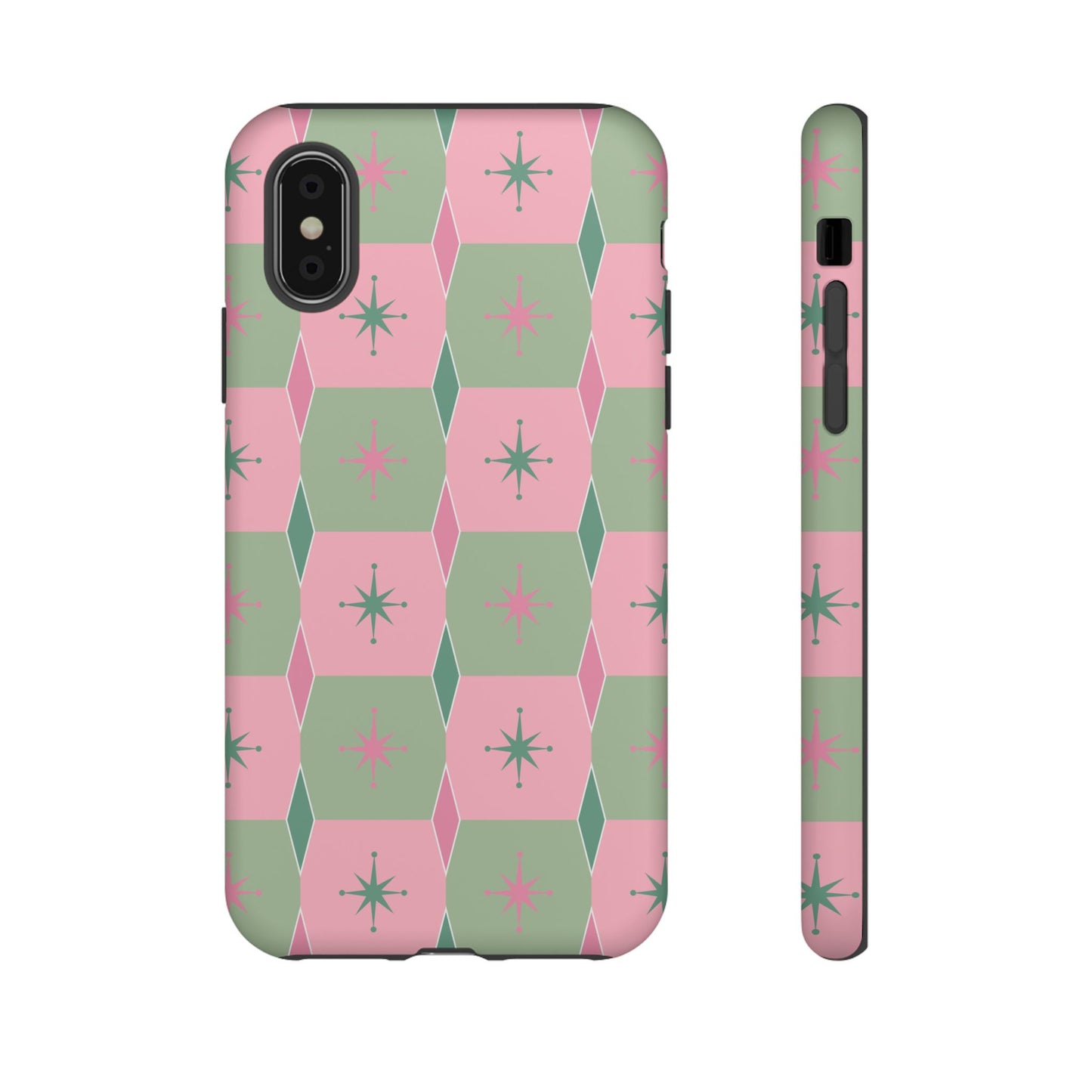 1950s Retro Square and Diamond Pattern in Pink and Green Tough Cases