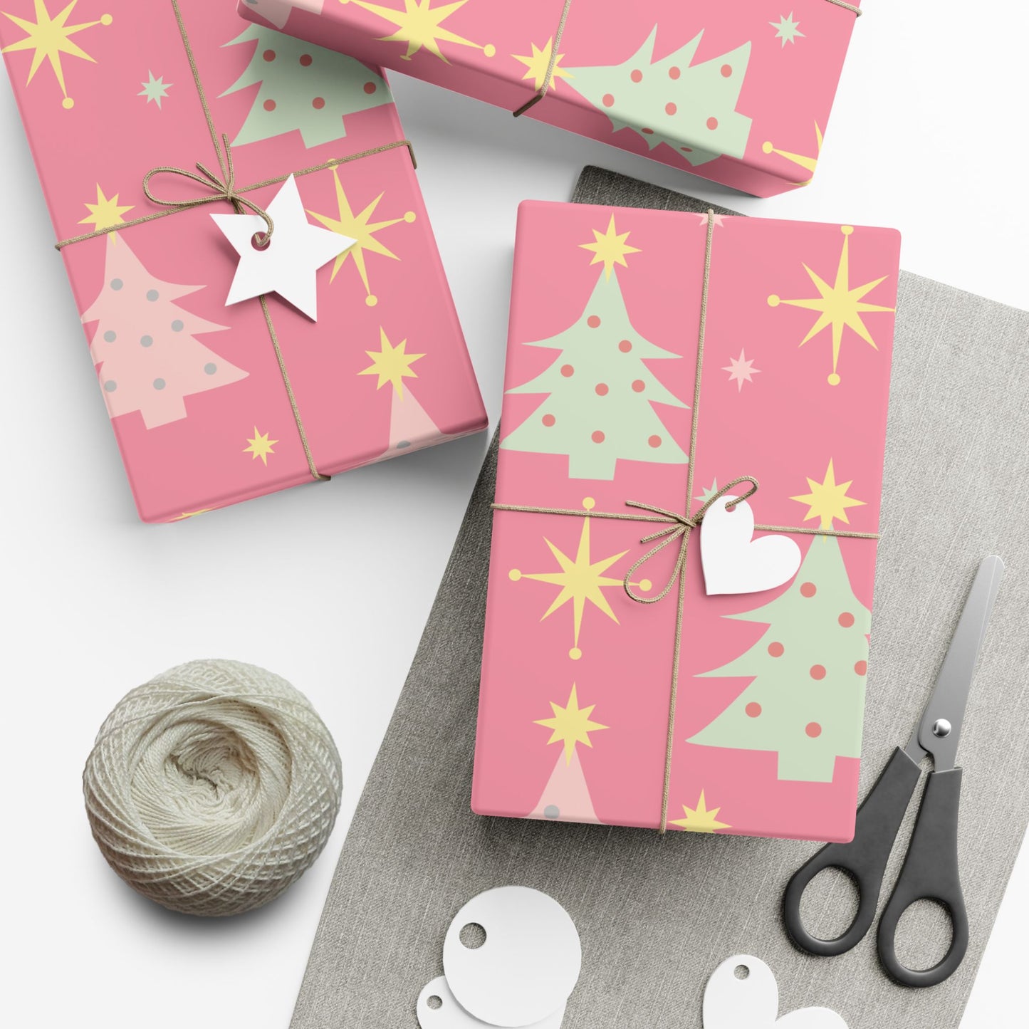 Pink Retro Christmas Tree Gift Wrap Paper — Holiday Wrapping Sheets
