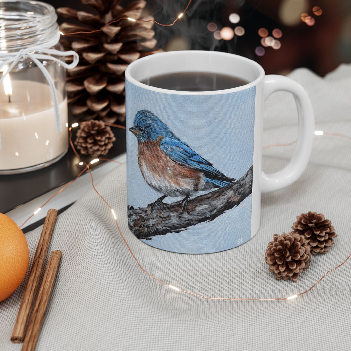 Bluebird Ceramic Mug — Hand-Painted Songbird Coffee Cup (11oz, 15oz)