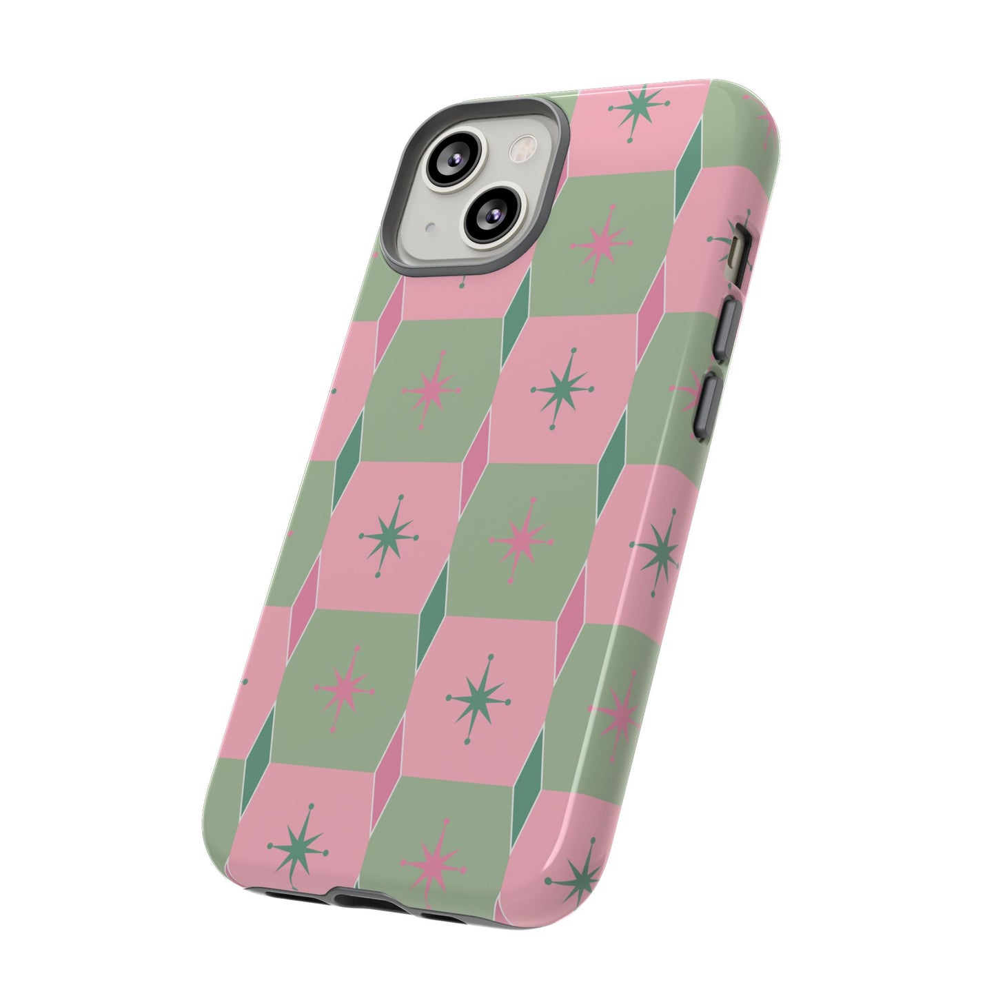 1950s Retro Square and Diamond Pattern in Pink and Green Tough Cases