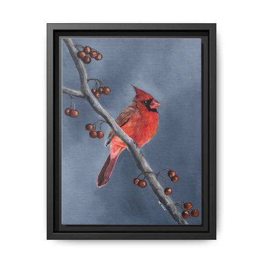 Framed Cardinal Canvas Art – Red Northern Cardinal on Winter Branch