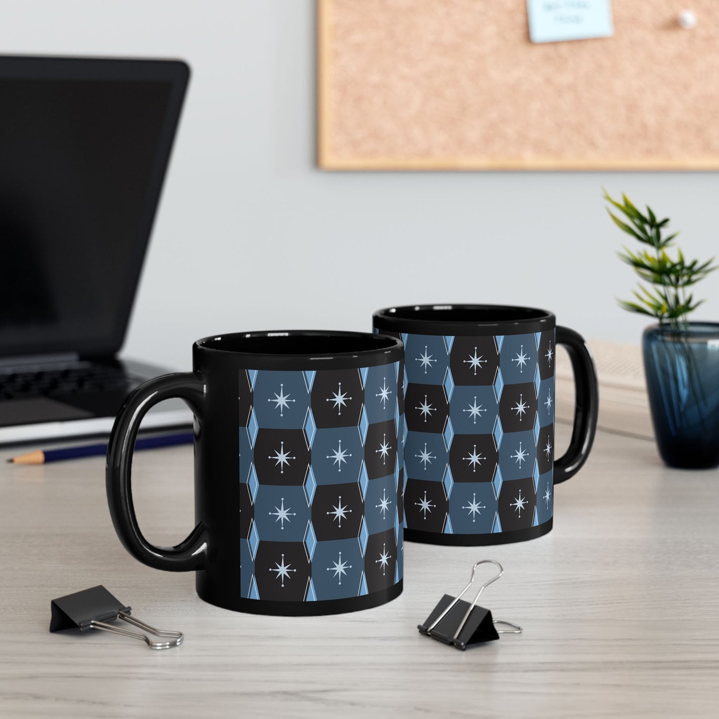 Retro Starburst Pattern Black Coffee Mug — Mid-Century Geometric 11oz/15oz