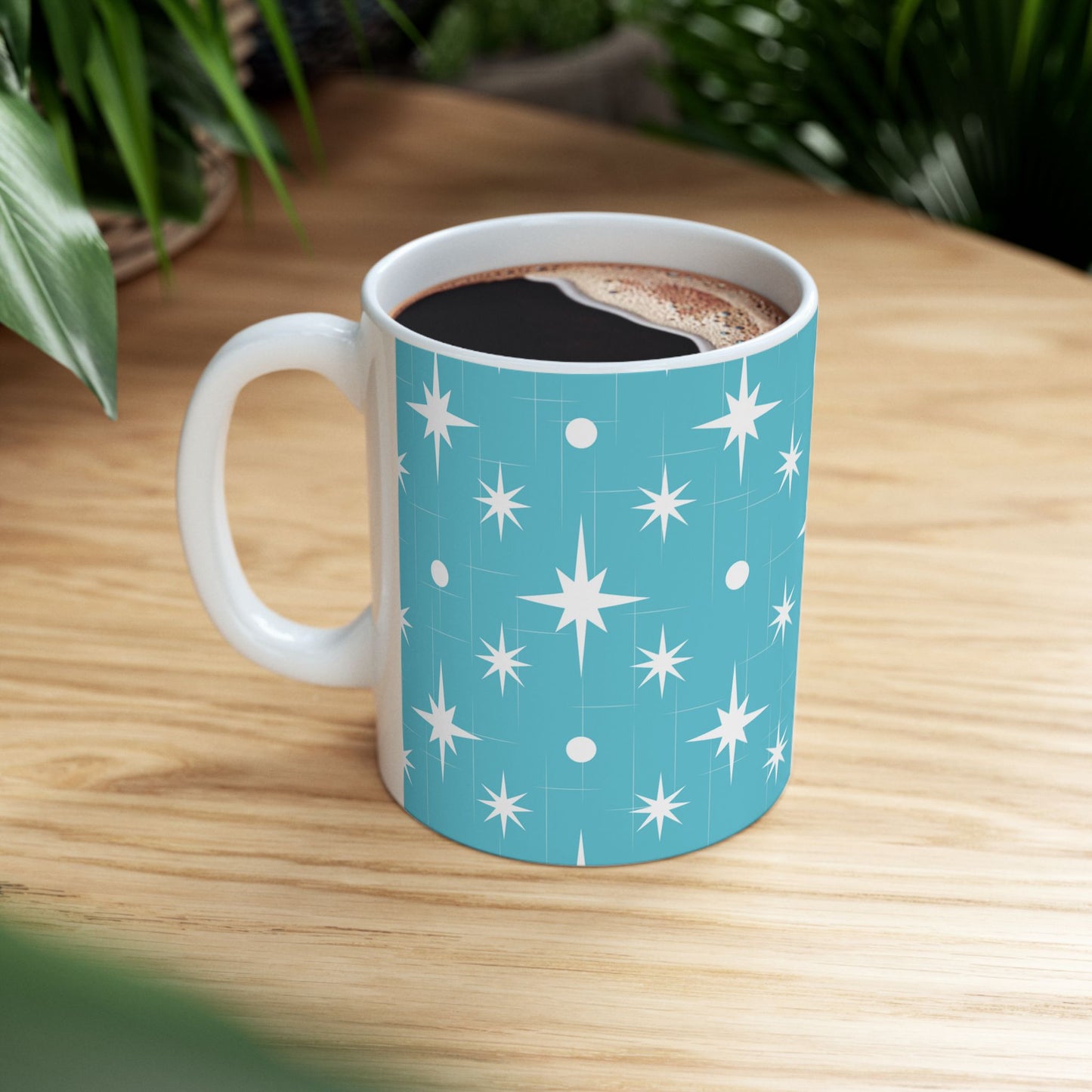 Starburst Pattern Ceramic Mug — Retro Turquoise Mid-Century Modern Coffee Cup (11oz, 15oz)