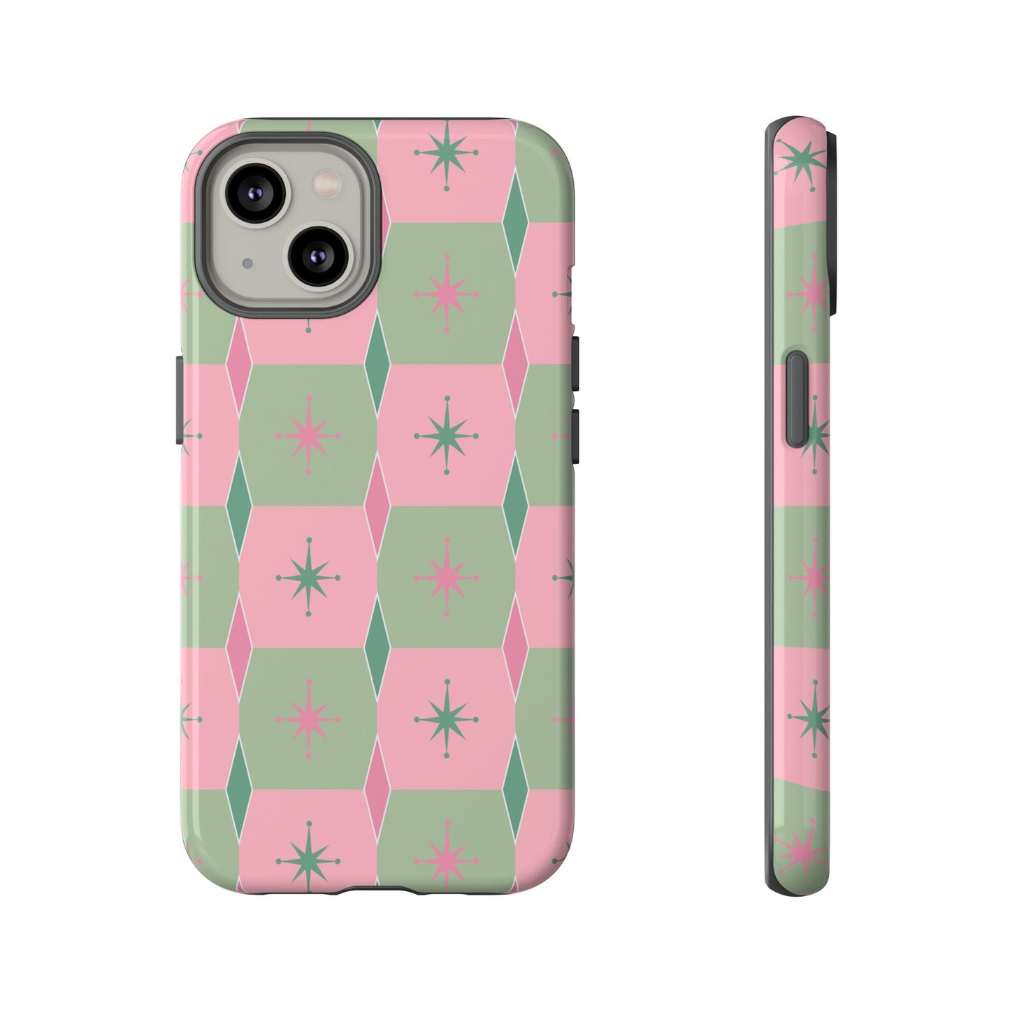 1950s Retro Square and Diamond Pattern in Pink and Green Tough Cases