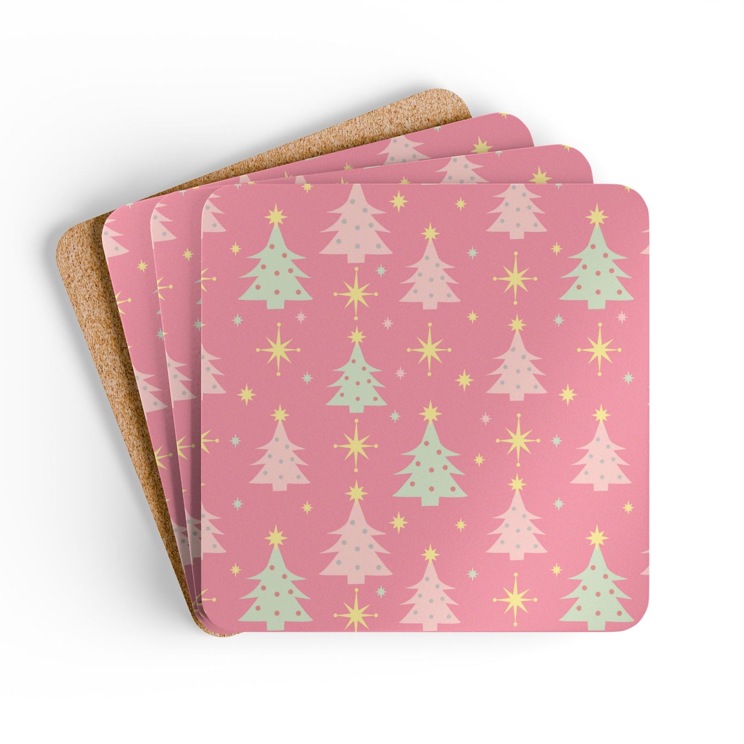 Pink Retro Christmas Tree Cork Coaster Set