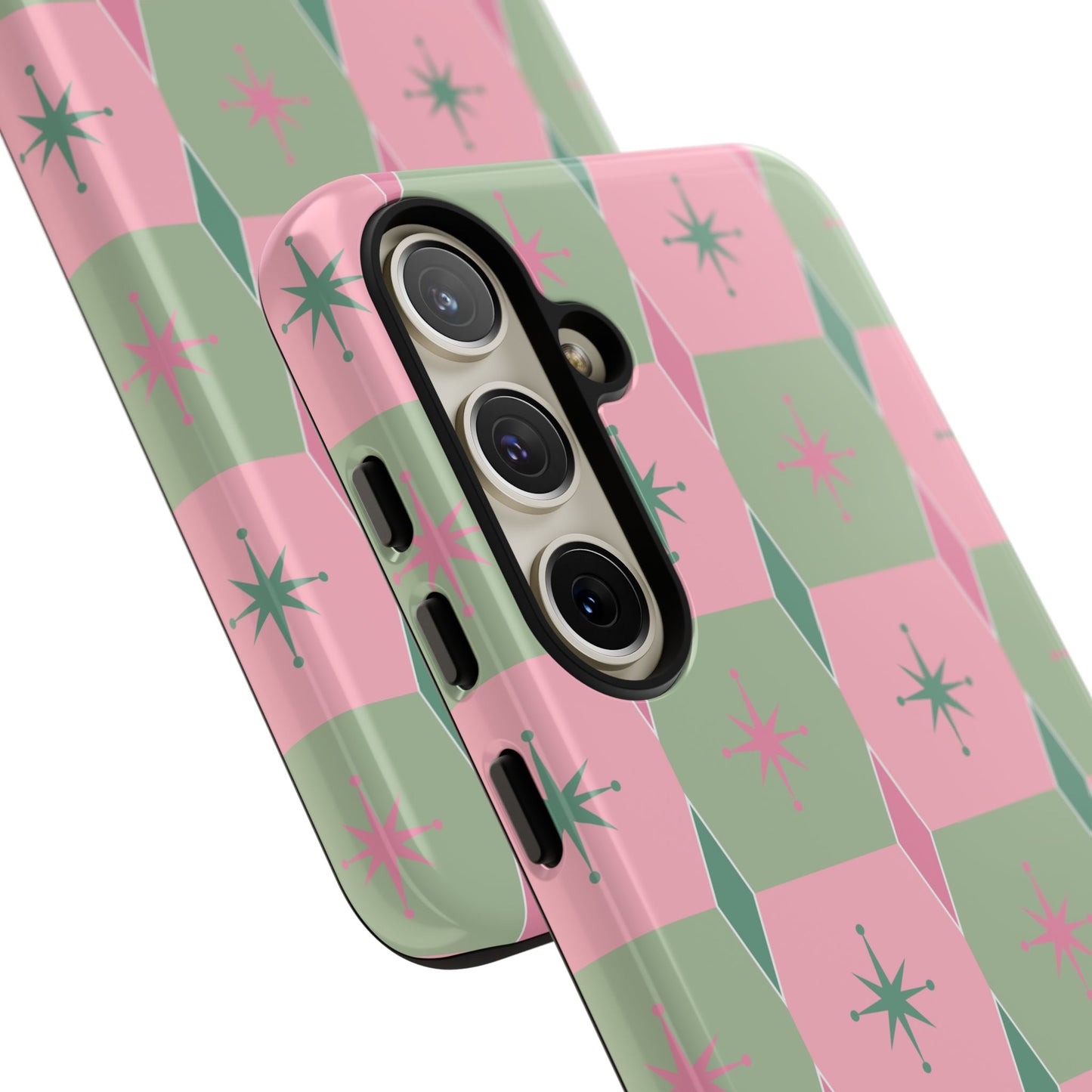 1950s Retro Square and Diamond Pattern in Pink and Green Tough Cases