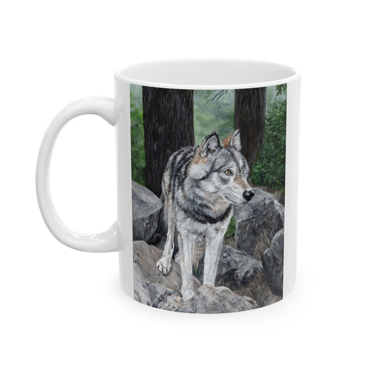 Wolf in the Woods Ceramic Mug — Rustic Nature Coffee Cup (11oz/15oz)