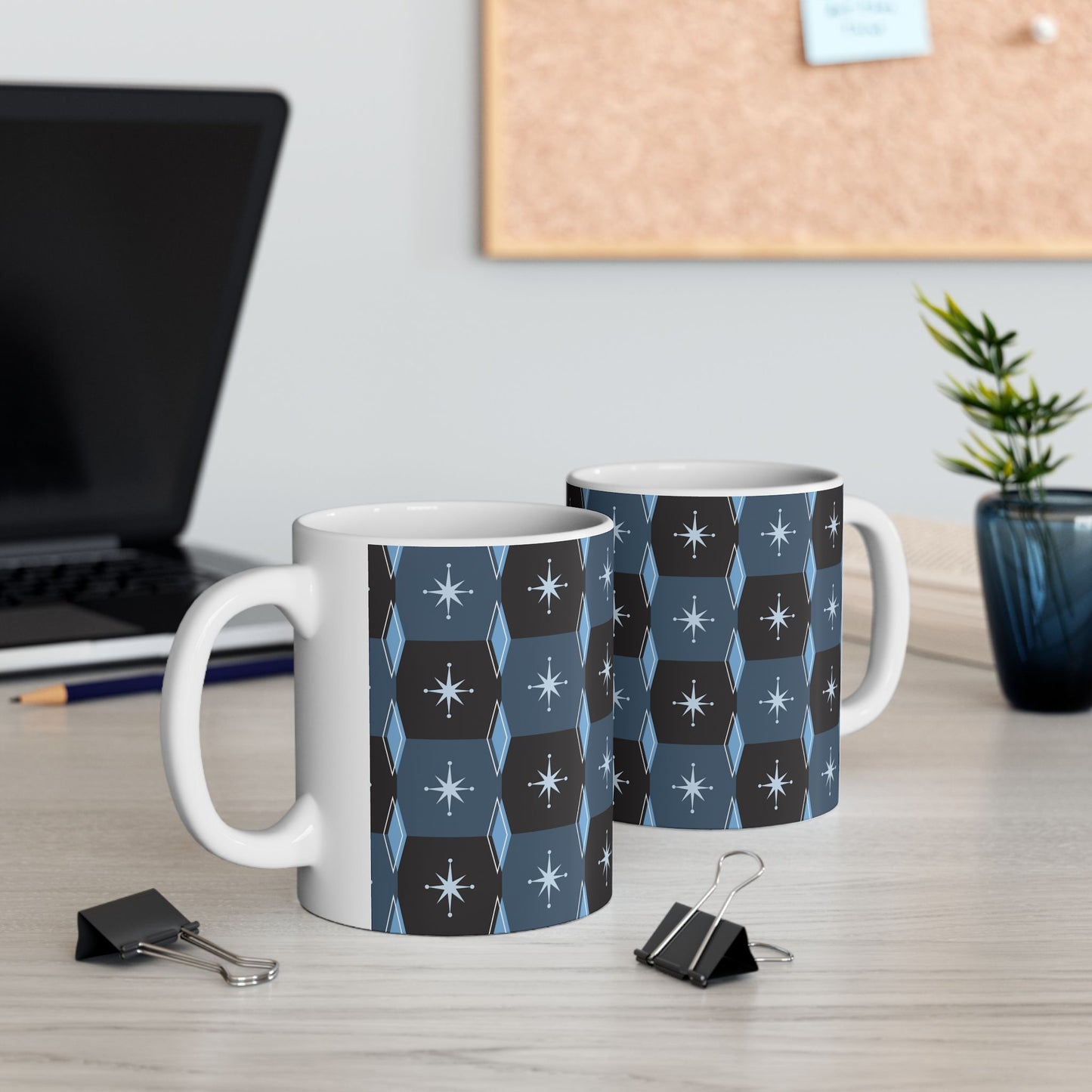 Retro Starburst Pattern Ceramic Mug — Mid-Century Modern Blue Coffee Cup (11oz, 15oz)