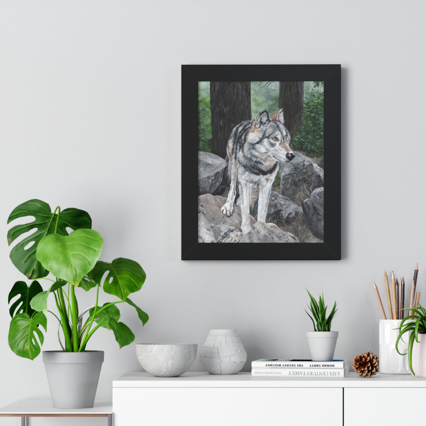 Wolf in the Woods Framed Poster — Forest Wildlife Vertical Art
