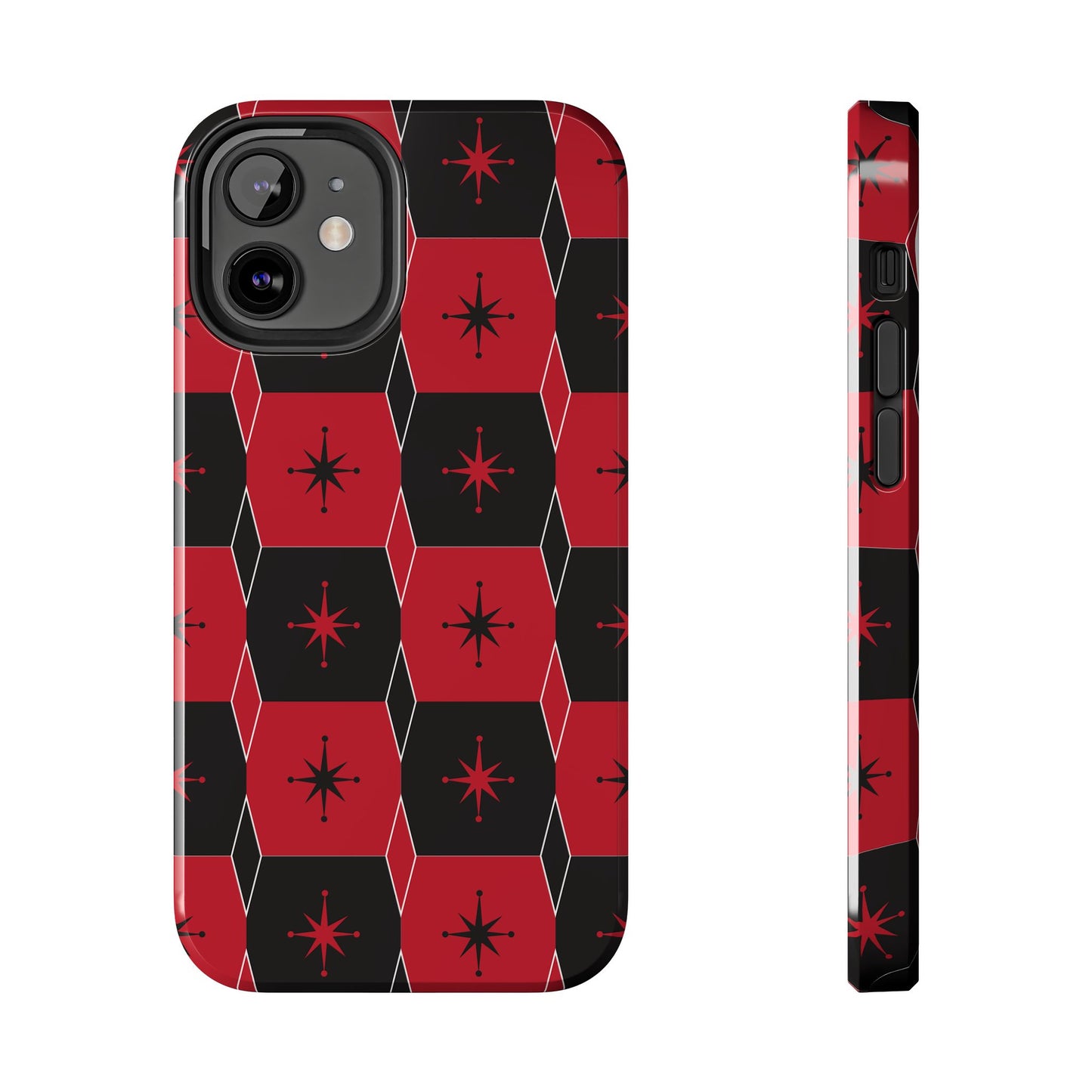 Square and Diamond Pattern in Red and Black Tough iPhone Case