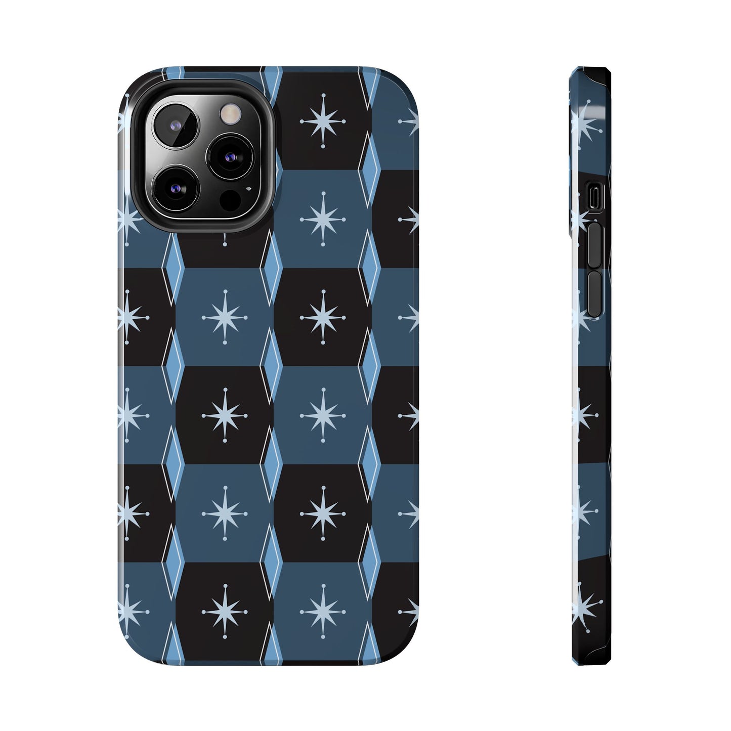 Blue and Black Diamond and Square Pattern Tough iPhone Cases