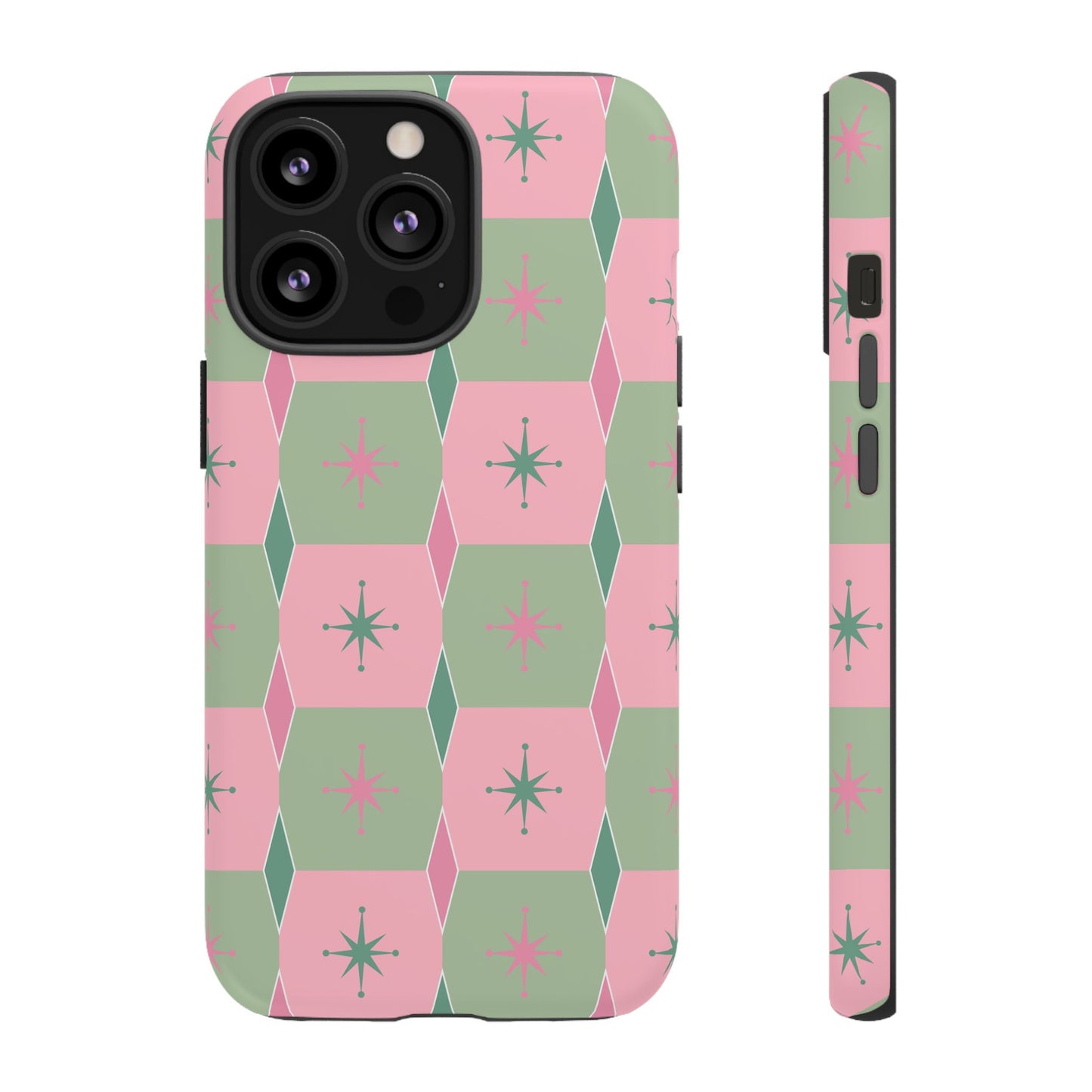 1950s Retro Square and Diamond Pattern in Pink and Green Tough Cases