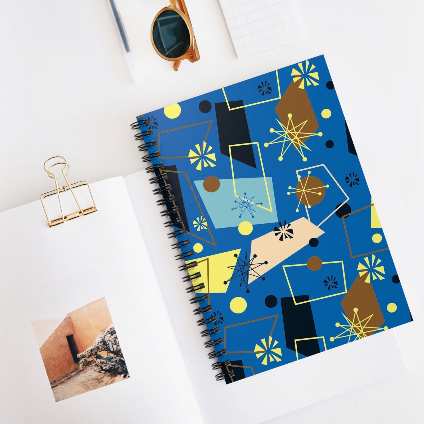 Mid-Century Modern Spiral Notebook — Blue Abstract Retro Pattern, Ruled Journal