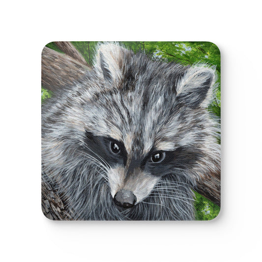 Raccoon Art Cork Coaster Set — Woodland Wildlife Drink Coasters (4-Pack)