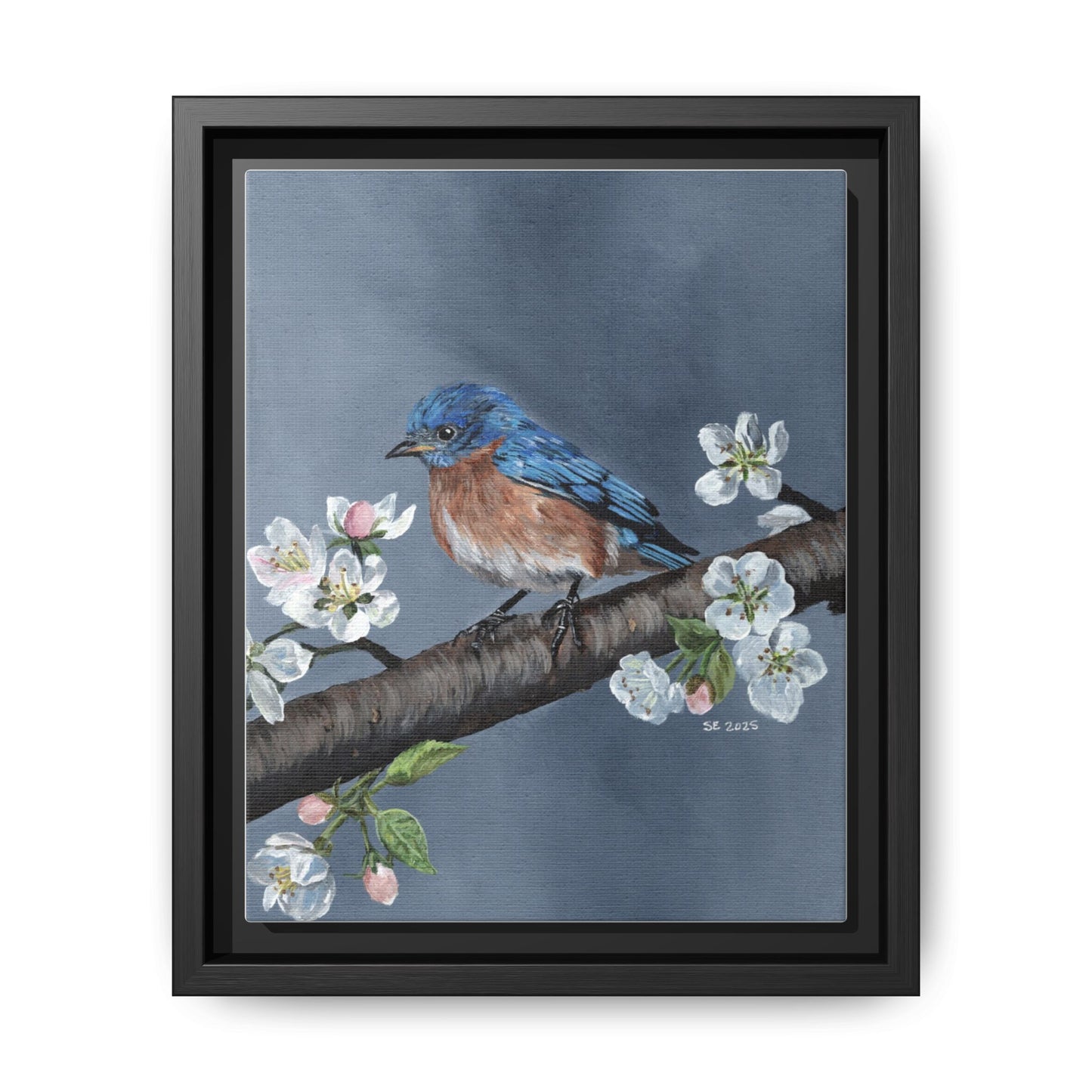Framed Bluebird Canvas Art — Spring Blossoms Wall Print