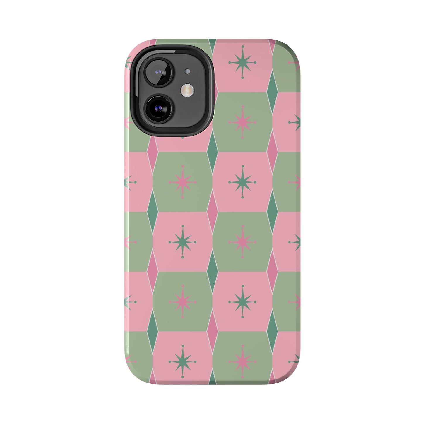 1950s Retro Square and Diamond Pattern in Pink and Green Tough iPhone Cases