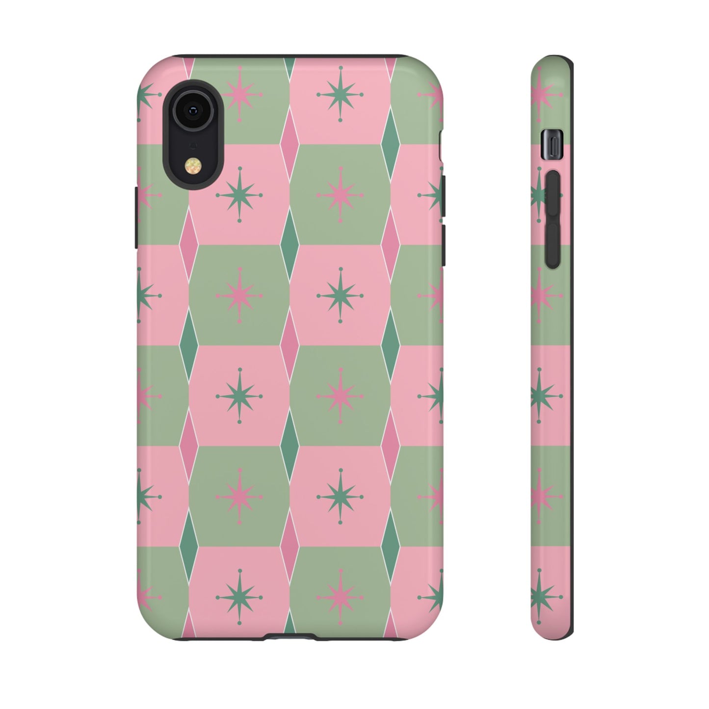 1950s Retro Square and Diamond Pattern in Pink and Green Tough Cases