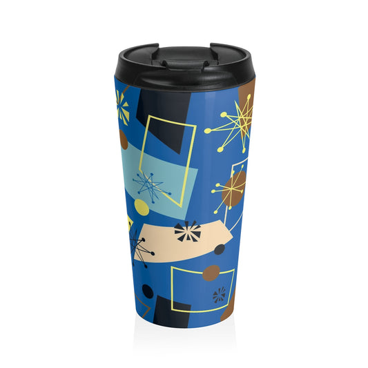 Retro Mid-Century Modern Travel Mug — Blue Atomic Pattern Stainless Steel Tumbler