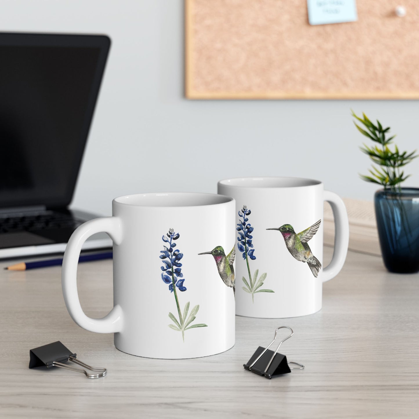 Hummingbird & Bluebonnet Ceramic Mug — Floral Bird Coffee Tea Cup (11oz, 15oz)