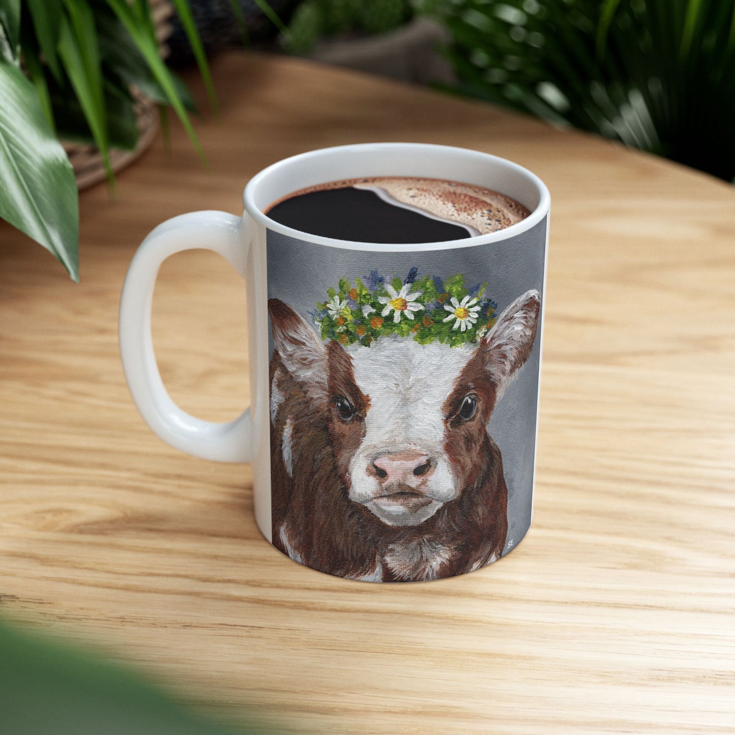 Cow with Daisy Crown Ceramic Mug — Cute Farm Animal Coffee Cup (11oz, 15oz)