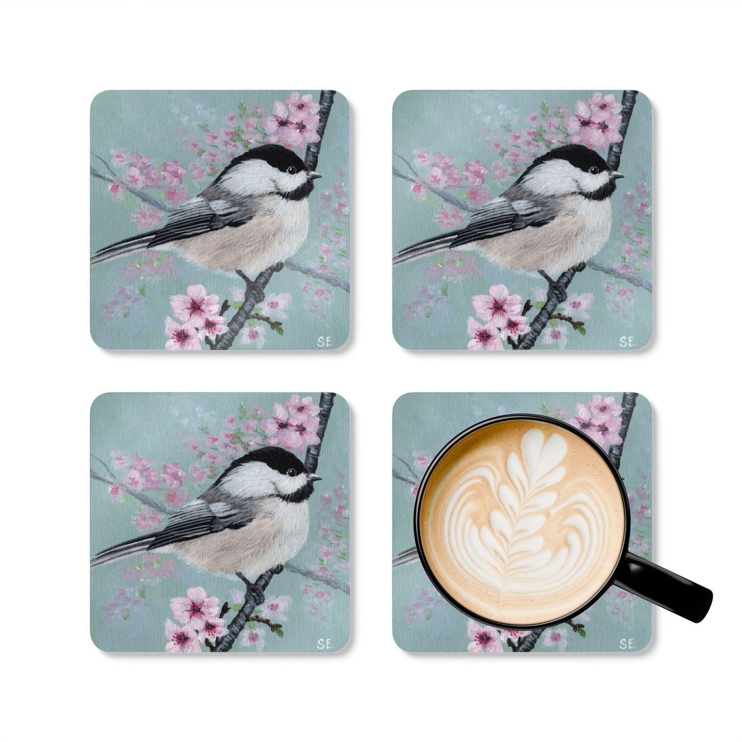 Bird & Cherry Blossom Cork Coaster Set — Chickadee Art Drink Coasters