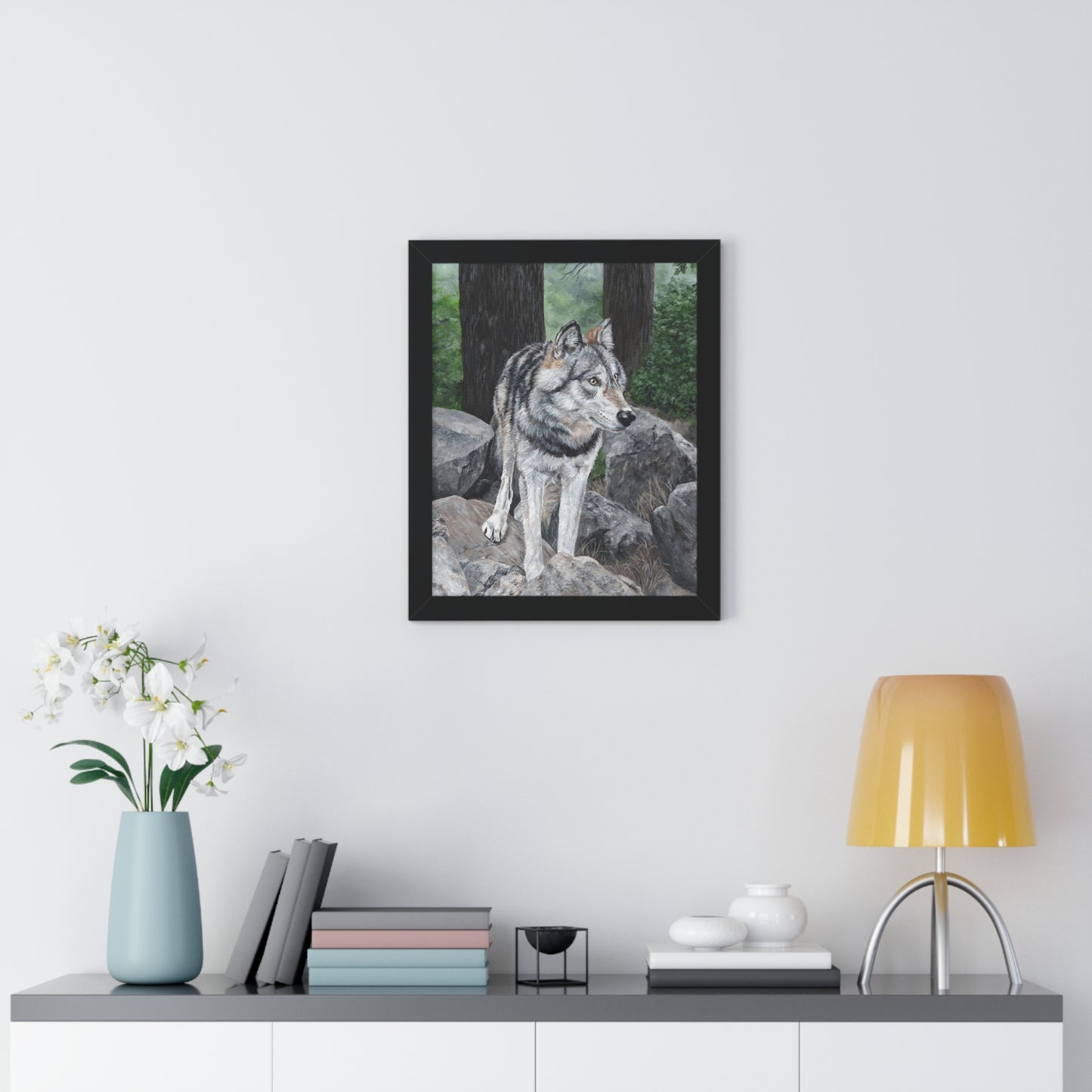 Wolf in the Woods Framed Poster — Forest Wildlife Vertical Art