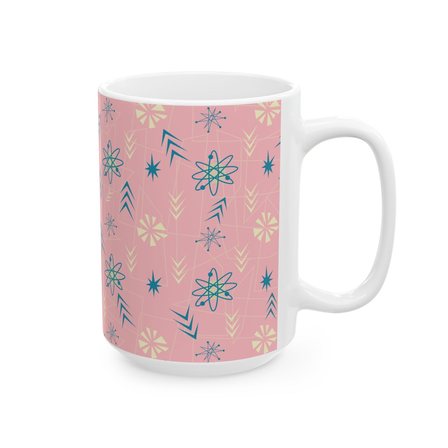Pink Retro Starburst Ceramic Mug – Mid-Century Modern Coffee Cup (11oz/15oz)