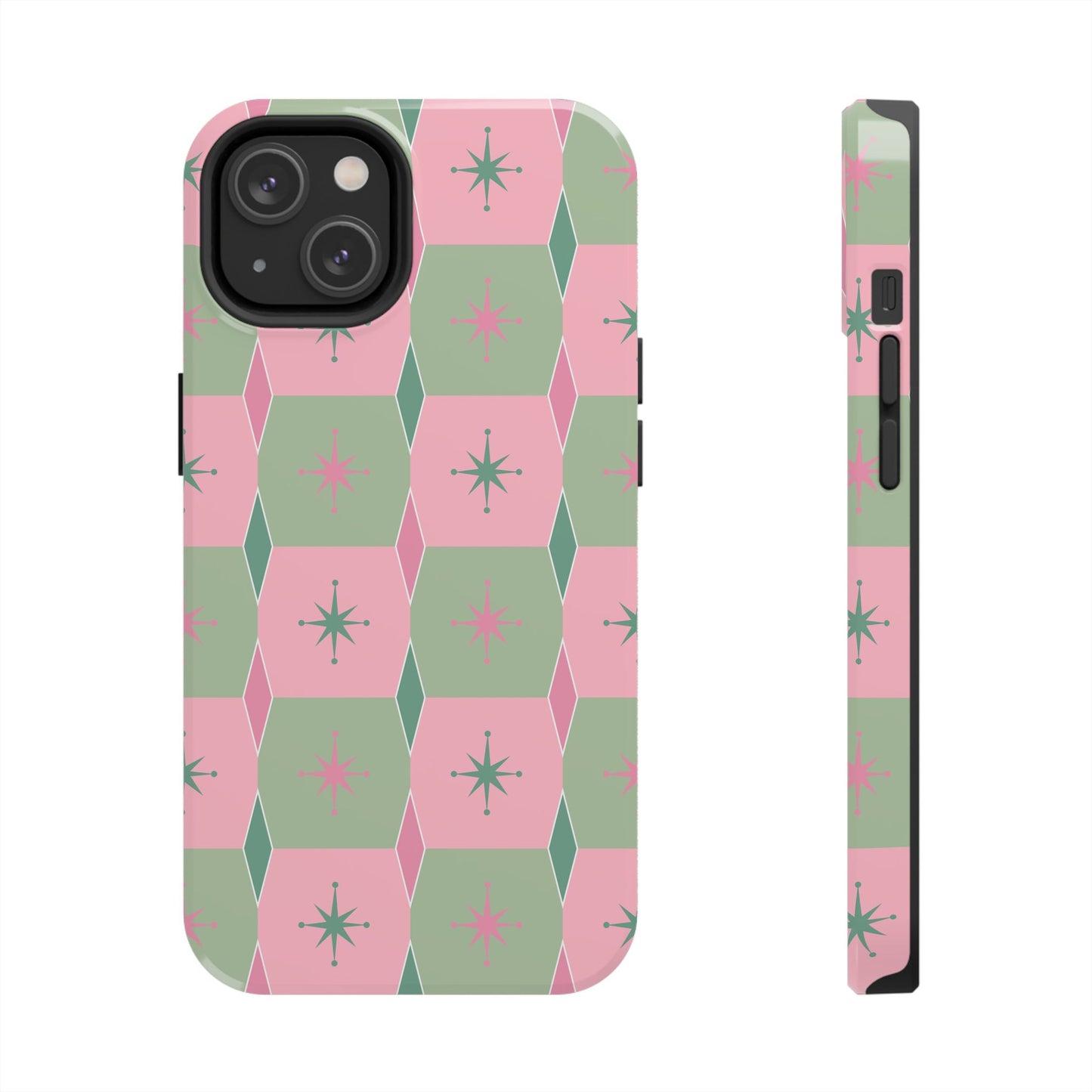 1950s Retro Square and Diamond Pattern in Pink and Green Tough iPhone Cases