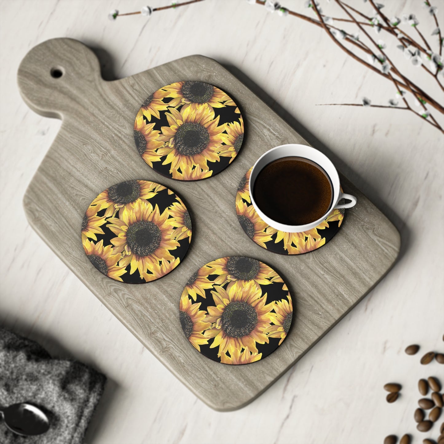 Sunflowers on Black Coasters